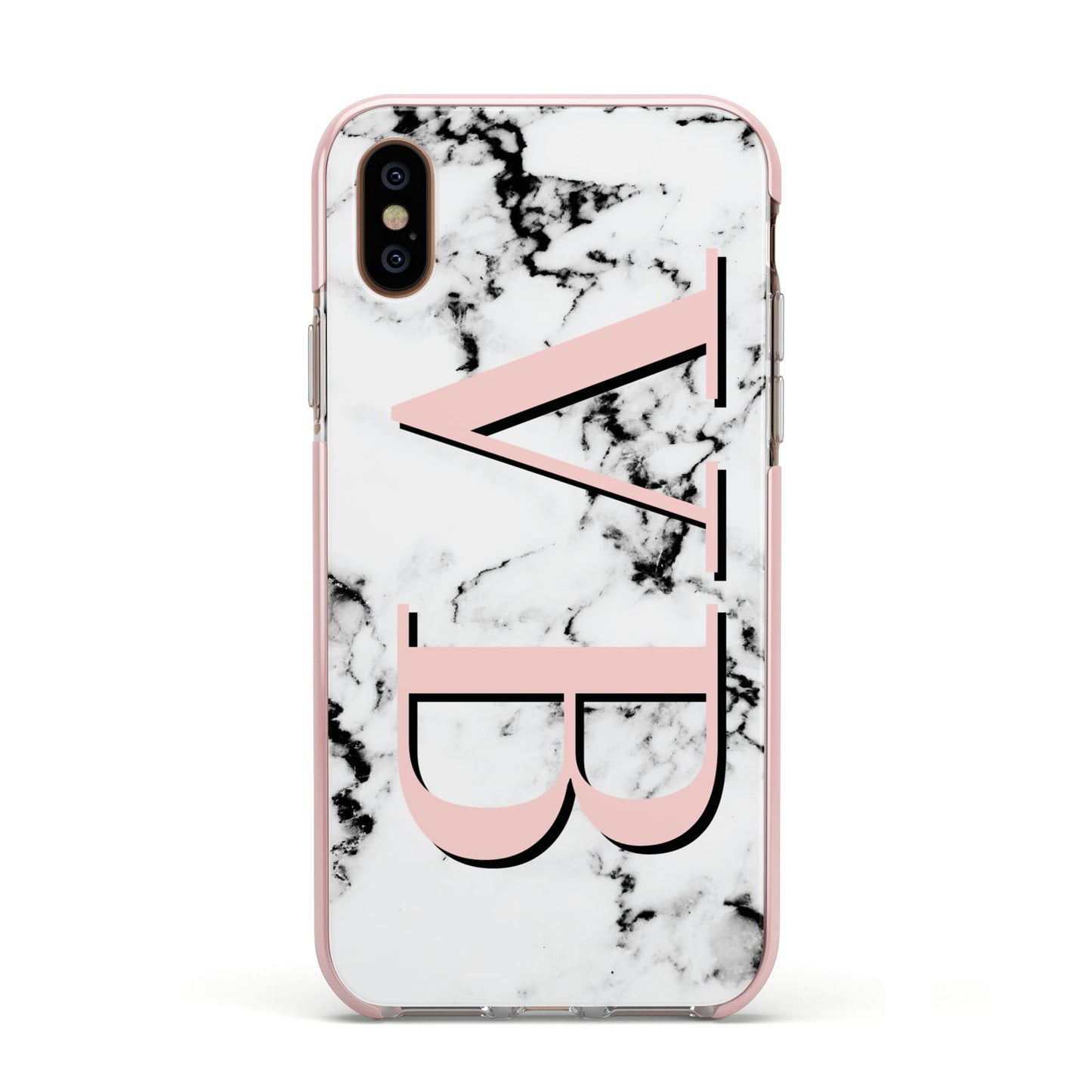 Personalised Coral Malble Initials Apple iPhone Xs Impact Case Pink Edge on Gold Phone