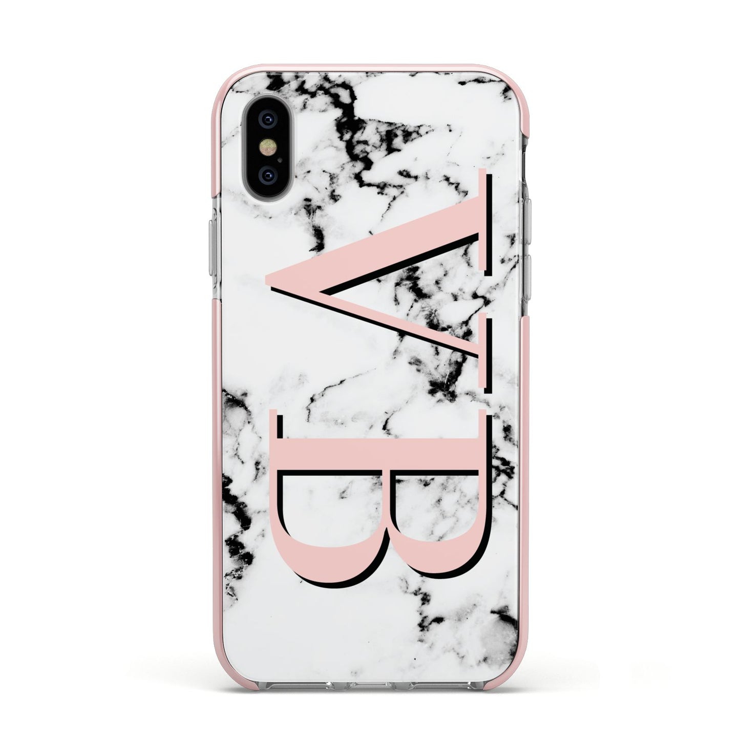 Personalised Coral Malble Initials Apple iPhone Xs Impact Case Pink Edge on Silver Phone