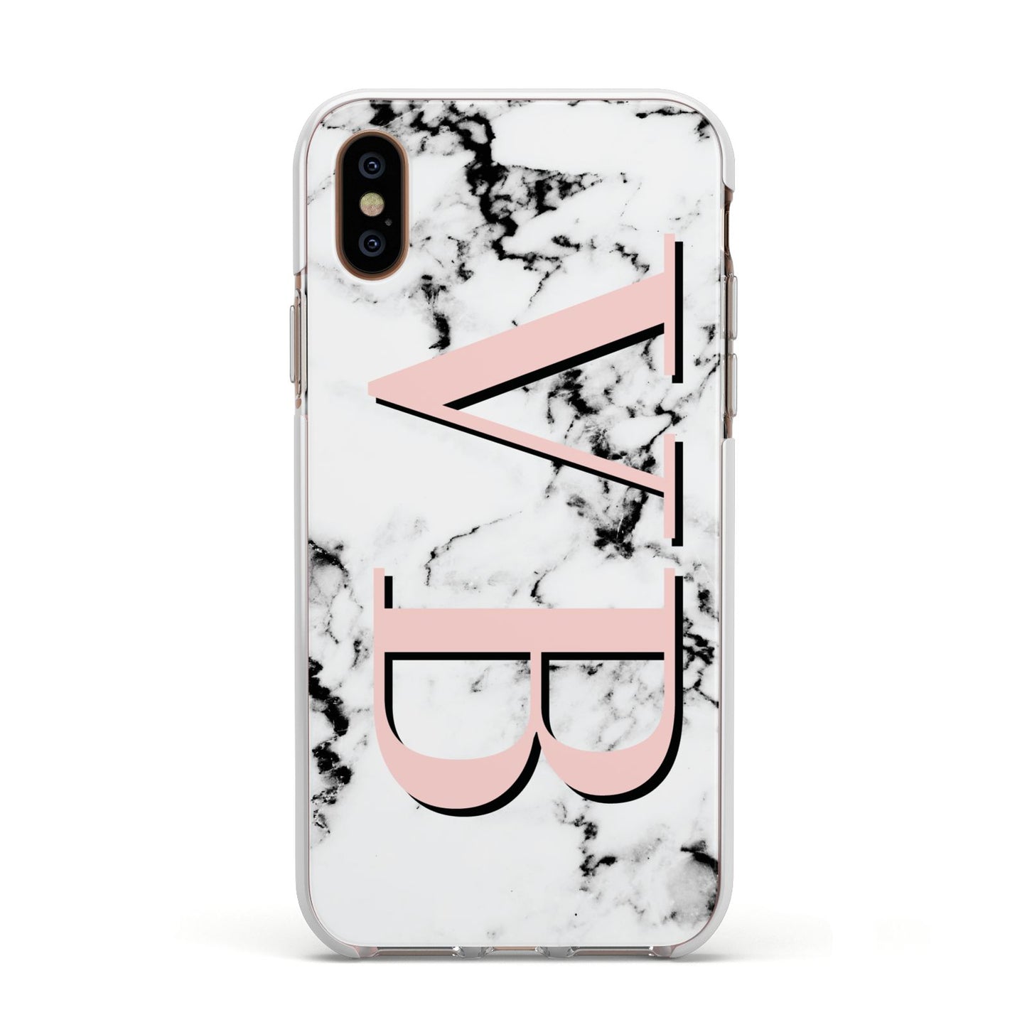 Personalised Coral Malble Initials Apple iPhone Xs Impact Case White Edge on Gold Phone