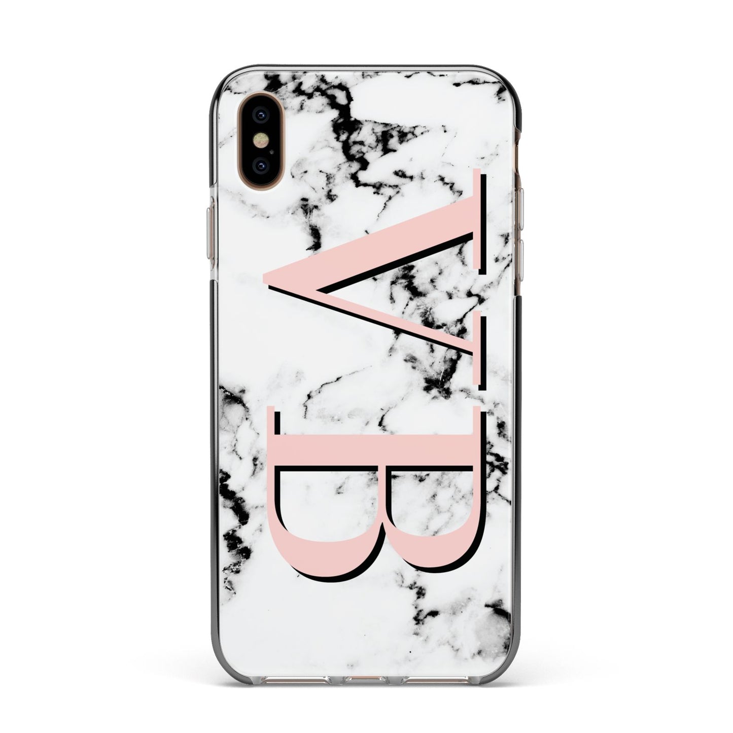 Personalised Coral Malble Initials Apple iPhone Xs Max Impact Case Black Edge on Gold Phone
