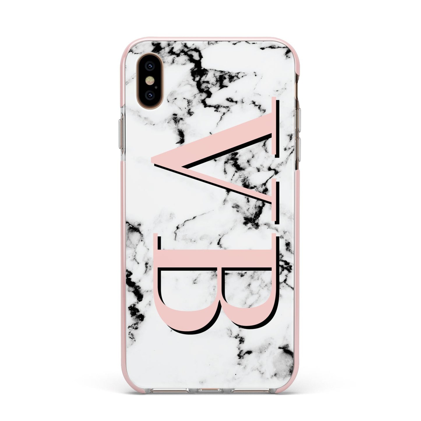 Personalised Coral Malble Initials Apple iPhone Xs Max Impact Case Pink Edge on Gold Phone