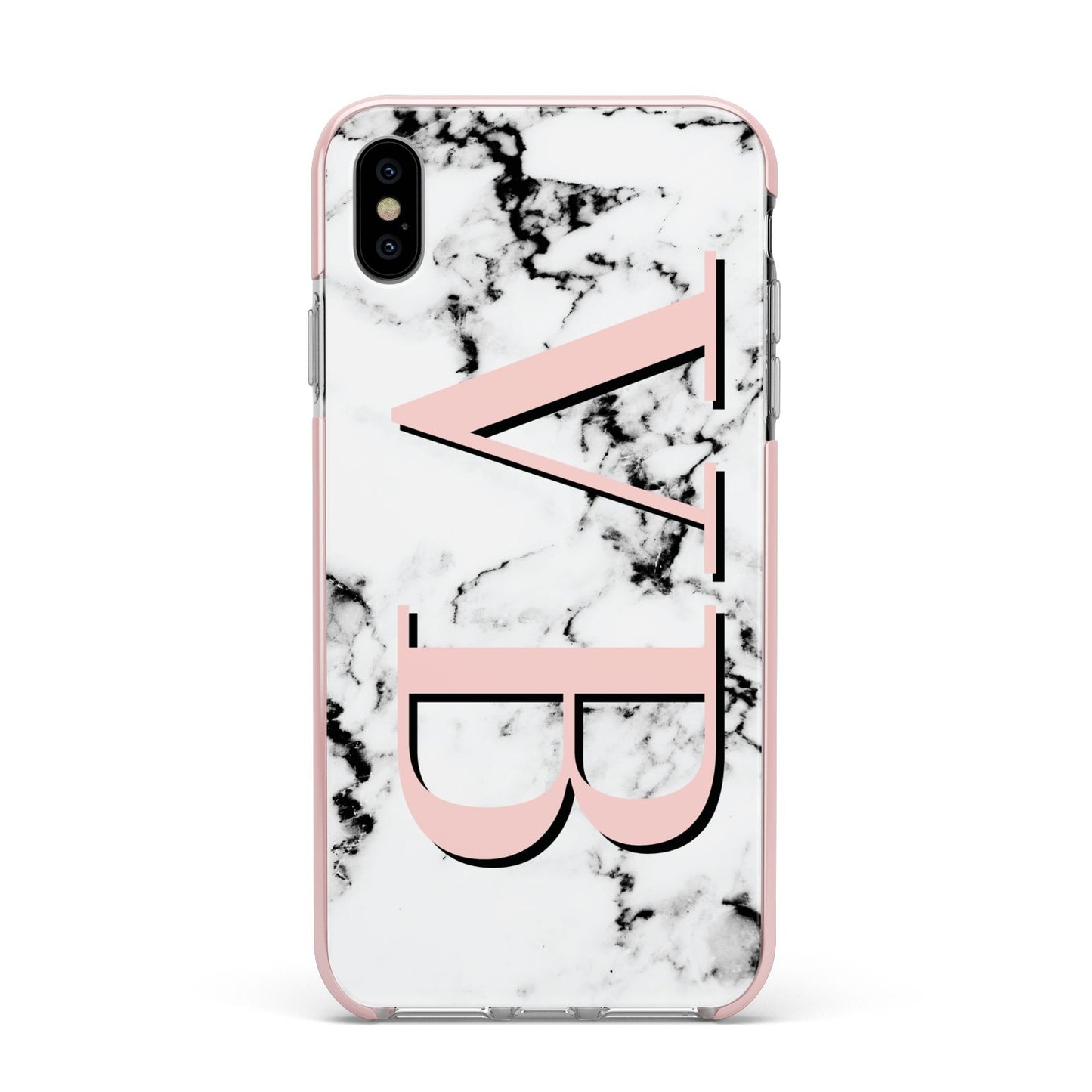 Personalised Coral Malble Initials Apple iPhone Xs Max Impact Case Pink Edge on Silver Phone