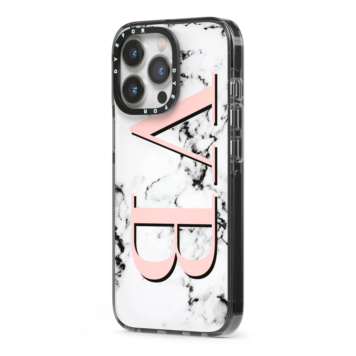 Personalised Coral Malble Initials iPhone 13 Pro Black Impact Case Side Angle on Silver phone