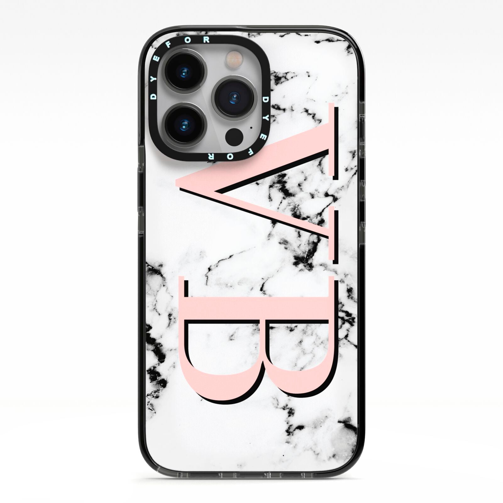 Personalised Coral Malble Initials iPhone 13 Pro Black Impact Case on Silver phone