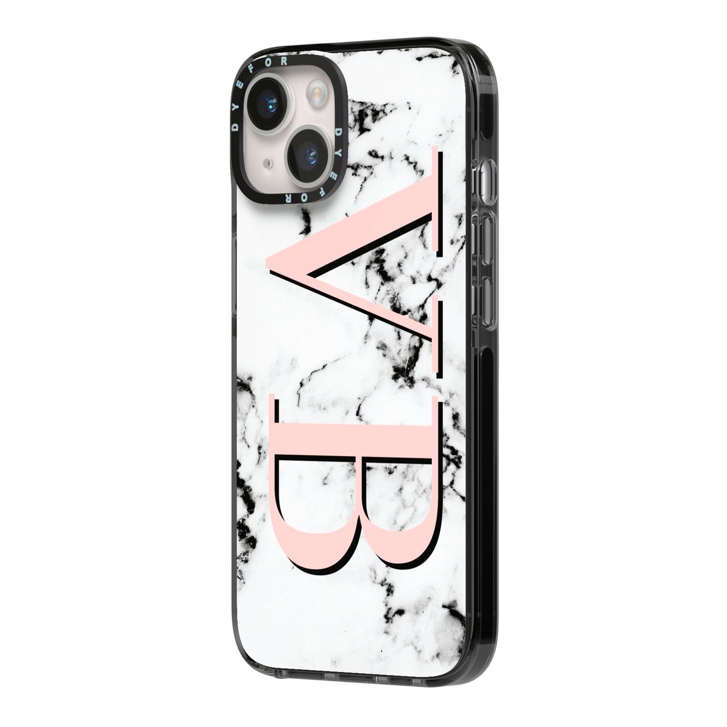 Personalised Coral Malble Initials iPhone 14 Black Impact Case Side Angle on Silver phone