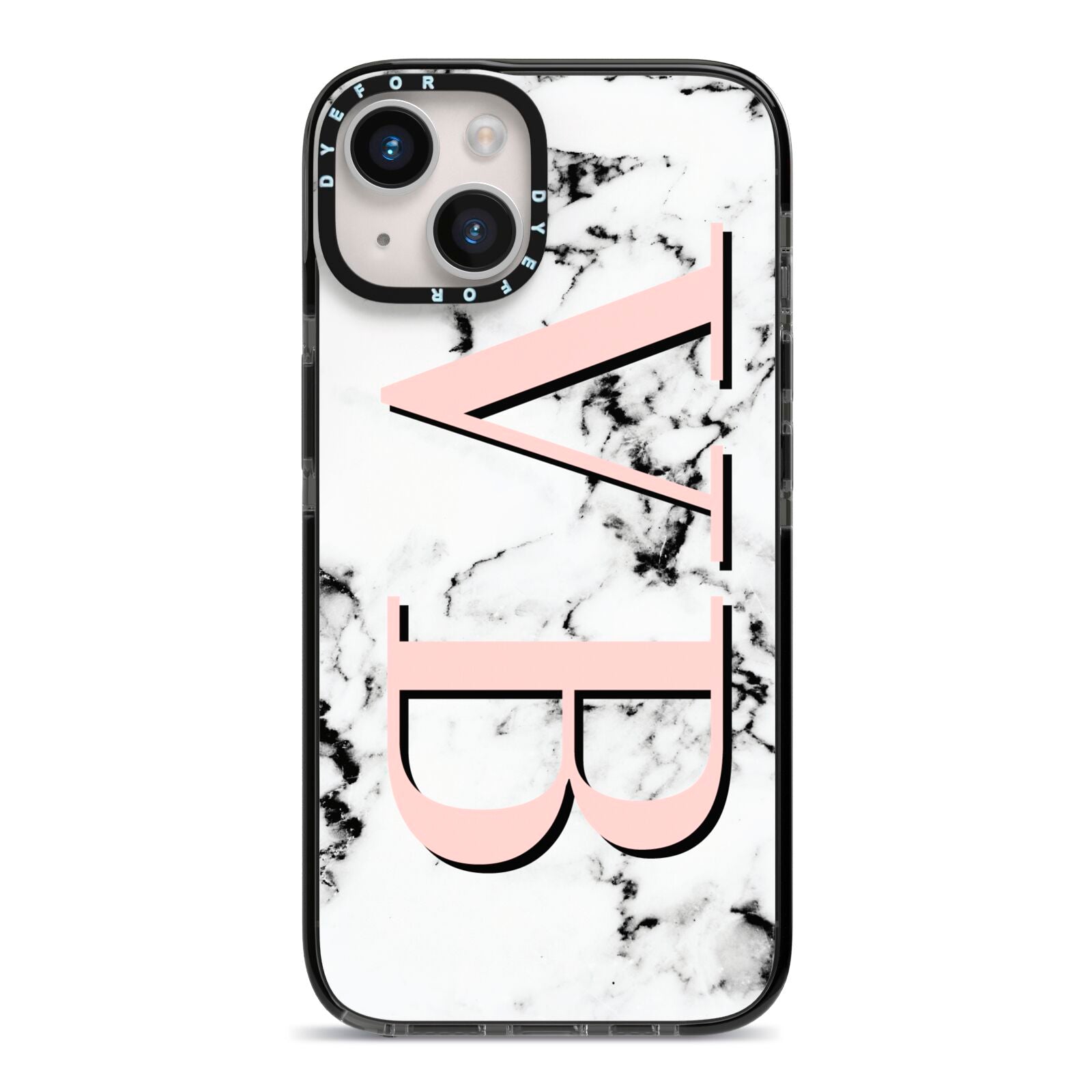 Personalised Coral Malble Initials iPhone 14 Black Impact Case on Silver phone