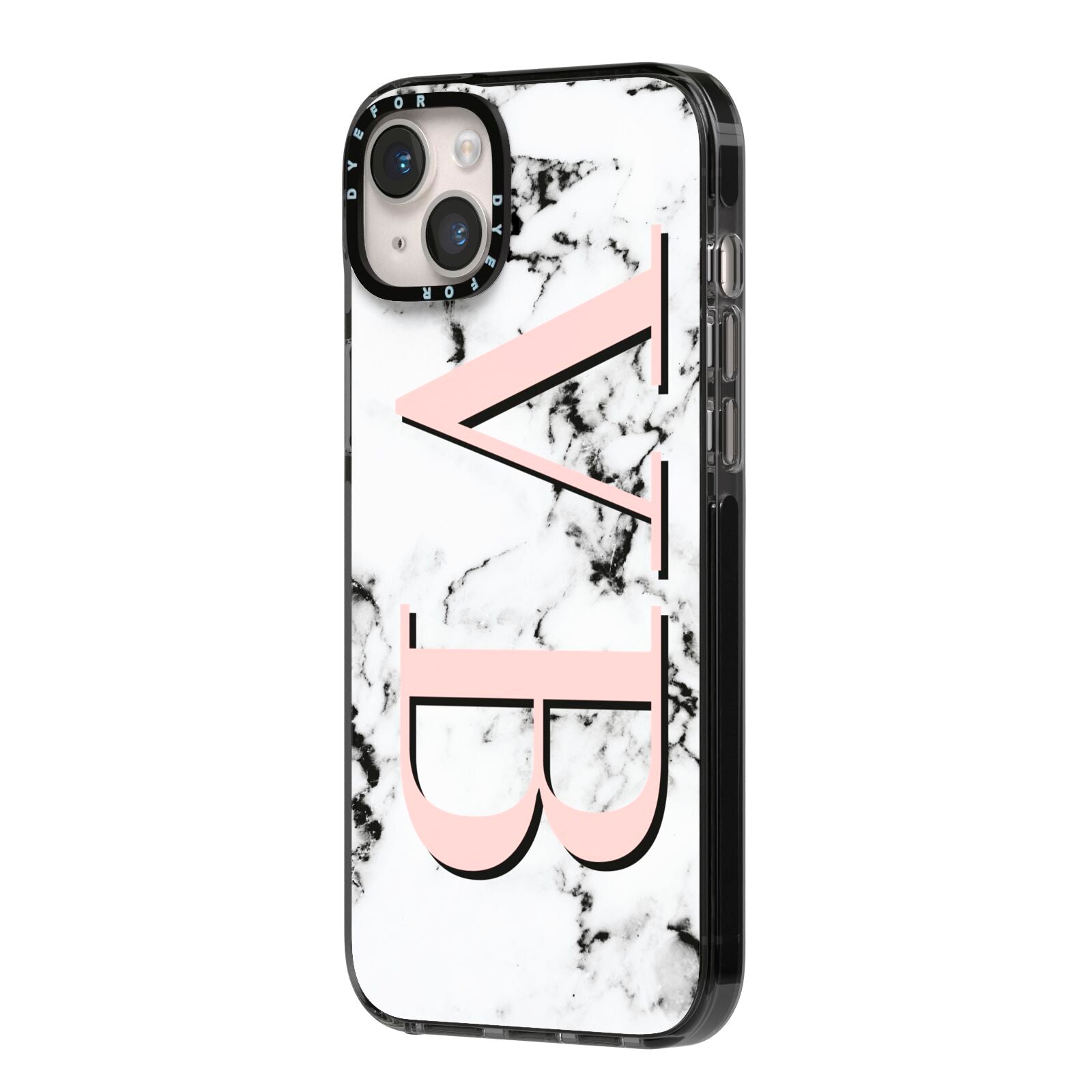 Personalised Coral Malble Initials iPhone 14 Plus Black Impact Case Side Angle on Silver phone