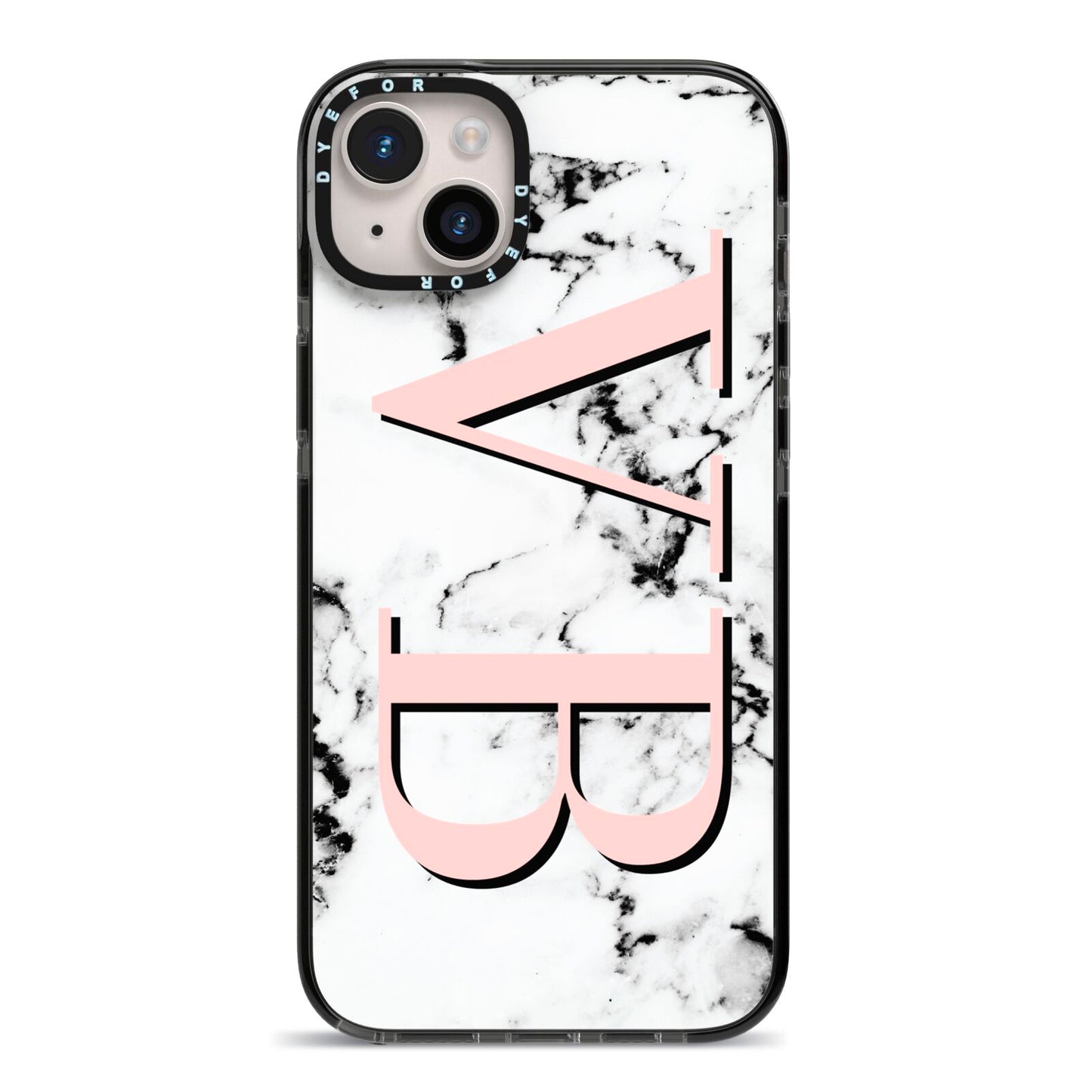 Personalised Coral Malble Initials iPhone 14 Plus Black Impact Case on Silver phone