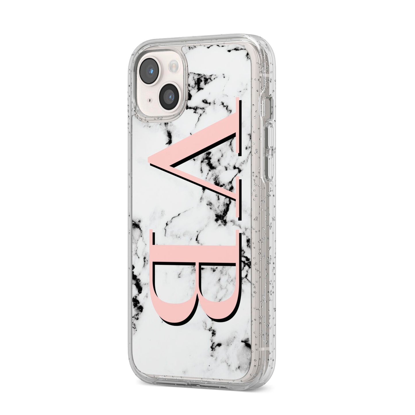 Personalised Coral Malble Initials iPhone 14 Plus Glitter Tough Case Starlight Angled Image