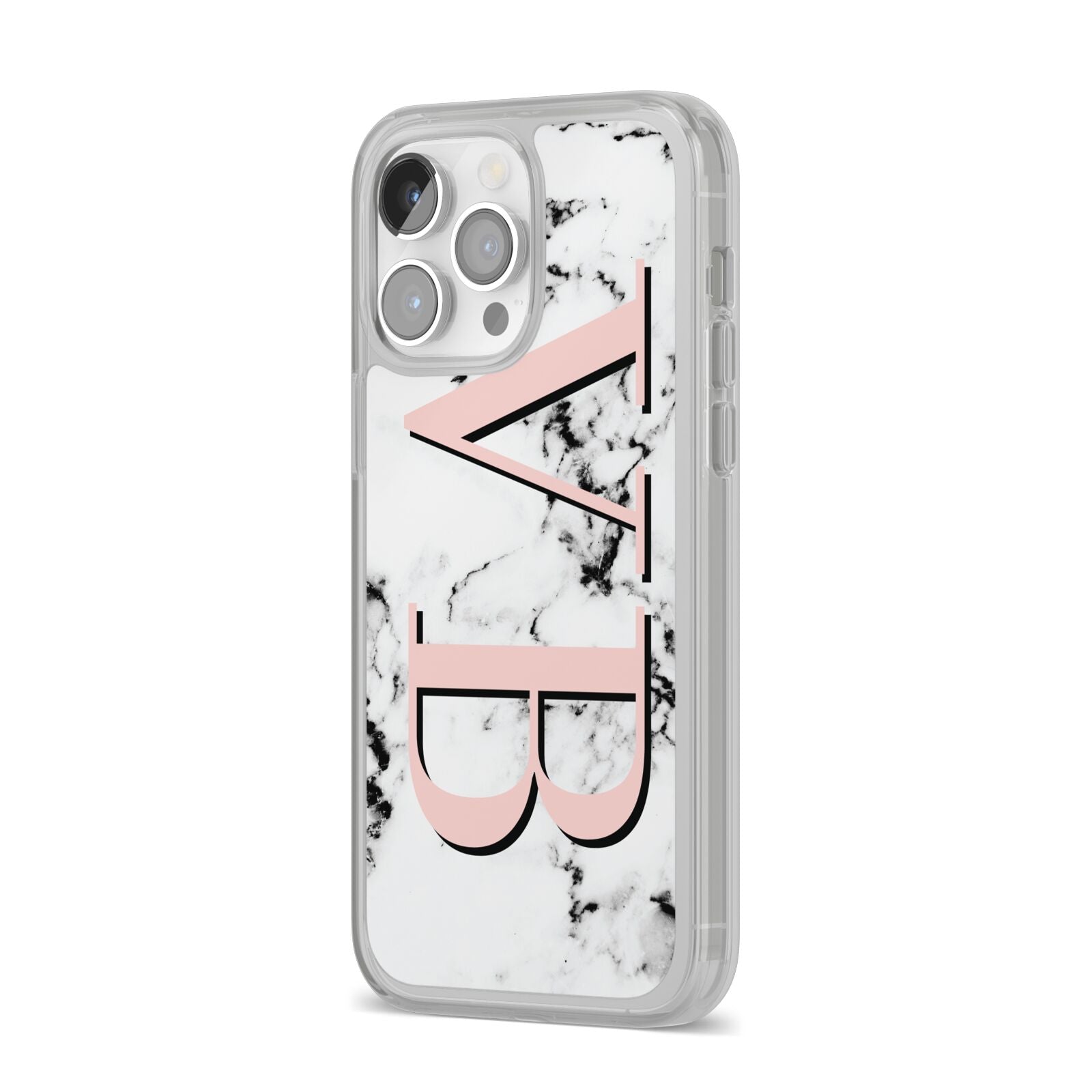 Personalised Coral Malble Initials iPhone 14 Pro Max Clear Tough Case Silver Angled Image