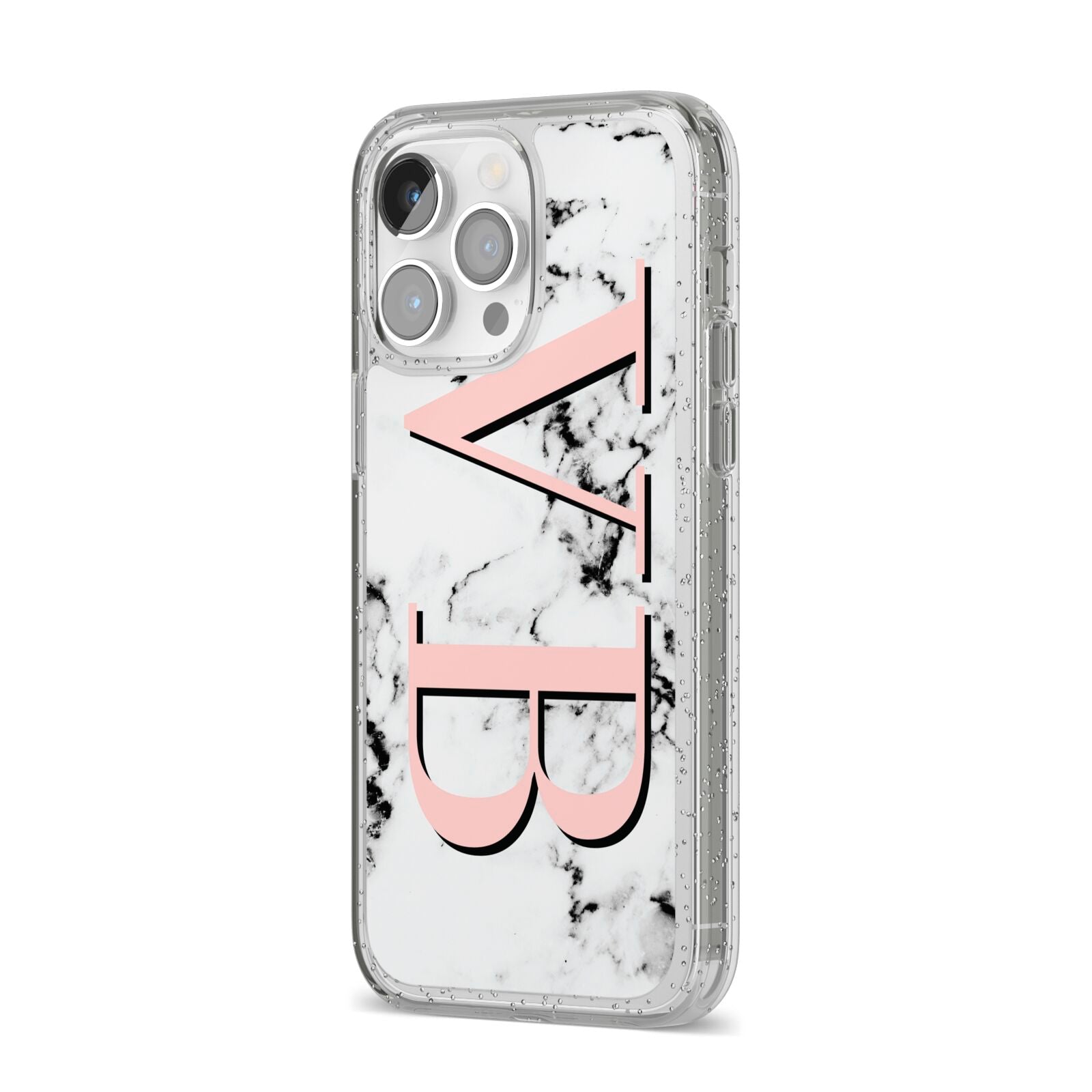 Personalised Coral Malble Initials iPhone 14 Pro Max Glitter Tough Case Silver Angled Image