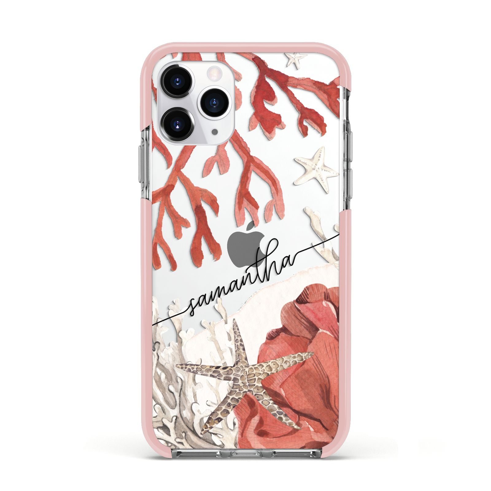 Personalised Coral Reef Name Apple iPhone 11 Pro in Silver with Pink Impact Case