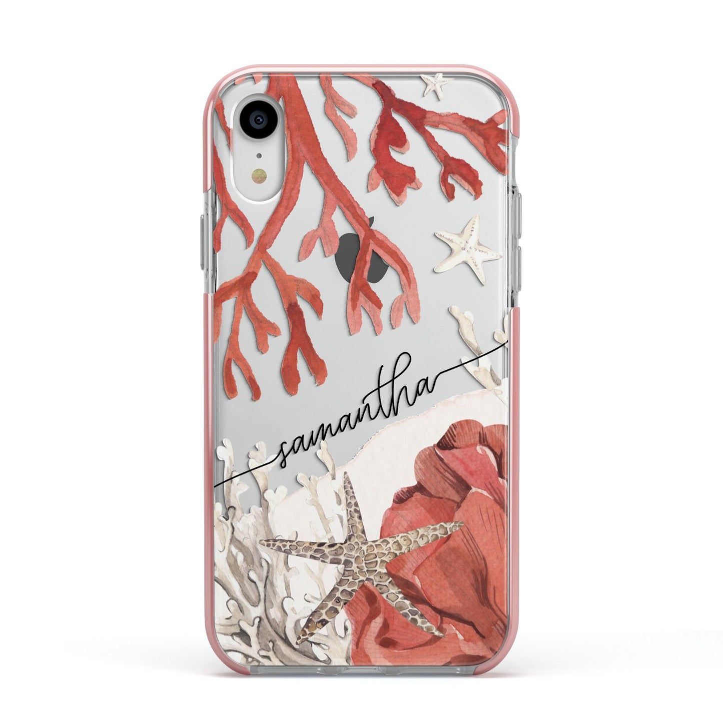 Personalised Coral Reef Name Apple iPhone XR Impact Case Pink Edge on Silver Phone