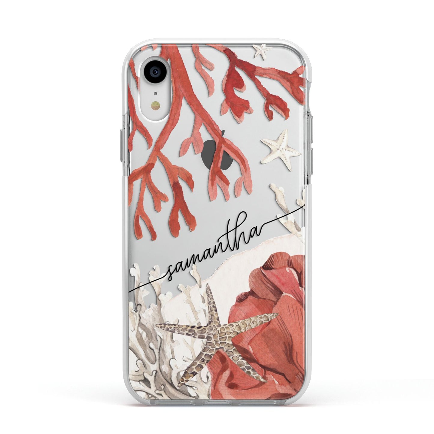 Personalised Coral Reef Name Apple iPhone XR Impact Case White Edge on Silver Phone