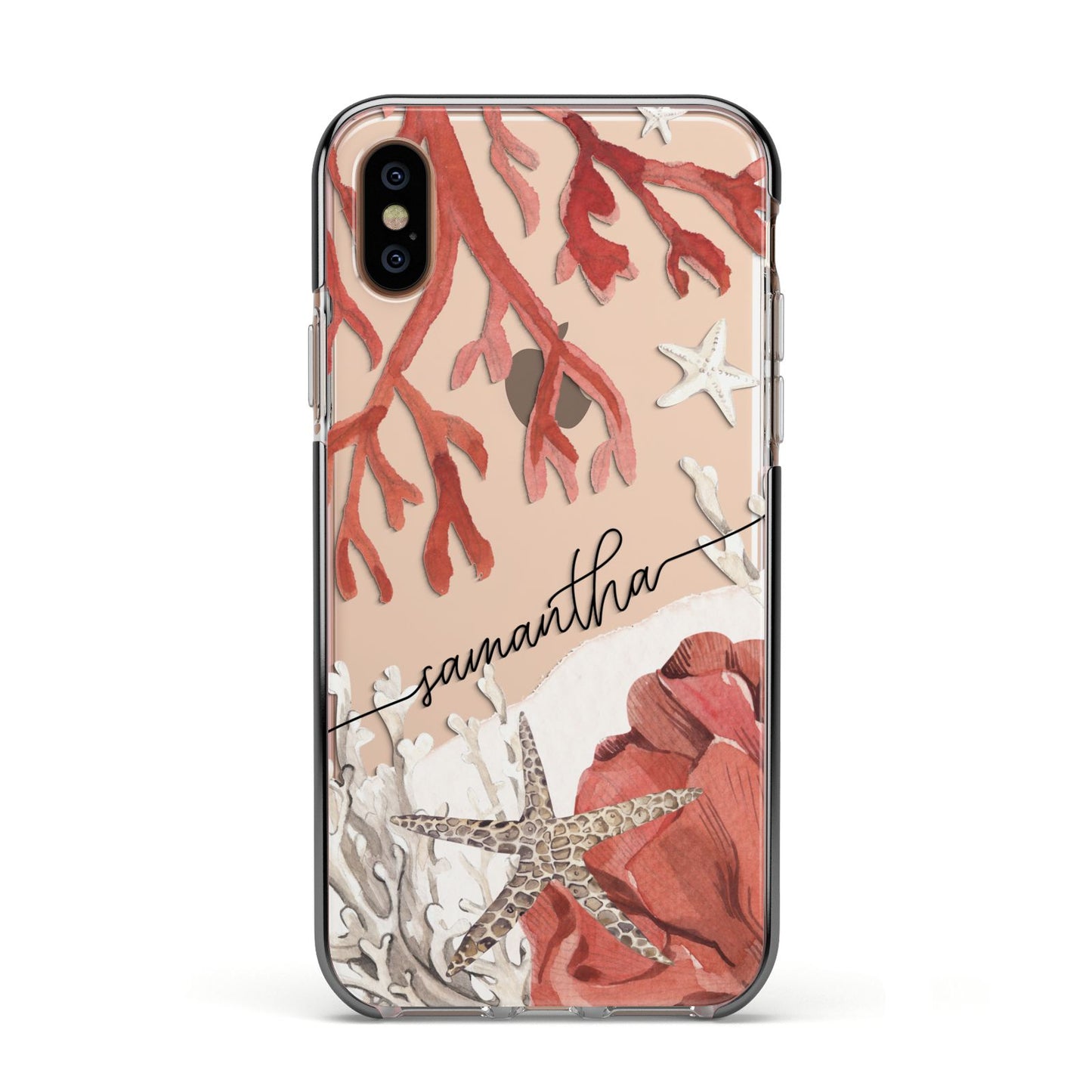 Personalised Coral Reef Name Apple iPhone Xs Impact Case Black Edge on Gold Phone