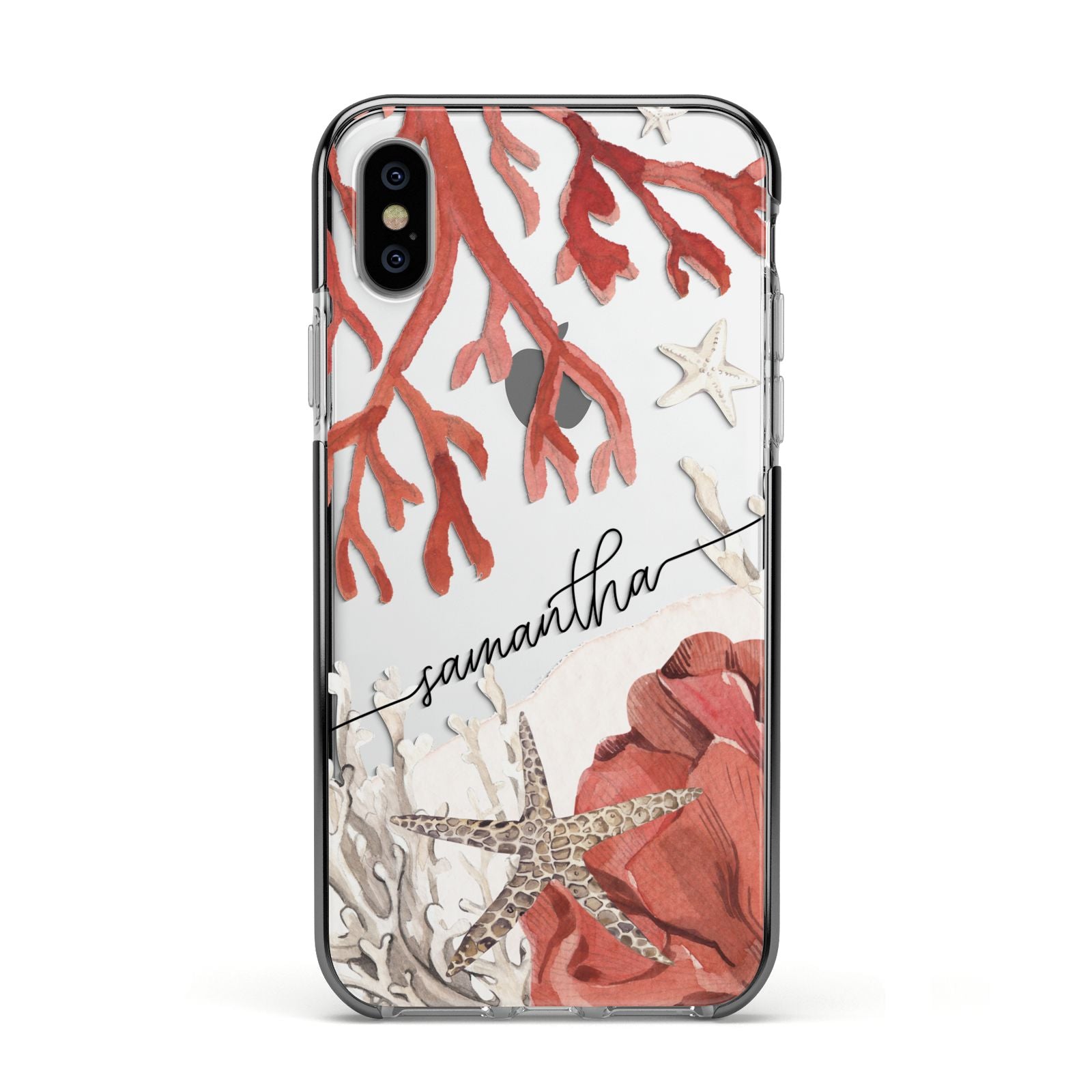 Personalised Coral Reef Name Apple iPhone Xs Impact Case Black Edge on Silver Phone
