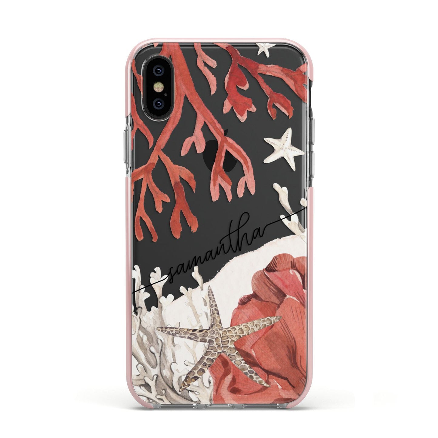Personalised Coral Reef Name Apple iPhone Xs Impact Case Pink Edge on Black Phone