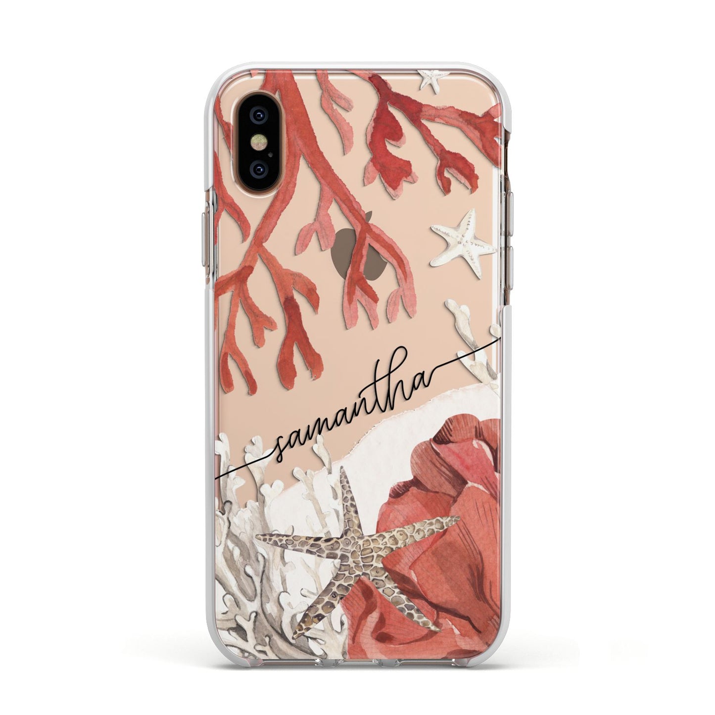 Personalised Coral Reef Name Apple iPhone Xs Impact Case White Edge on Gold Phone