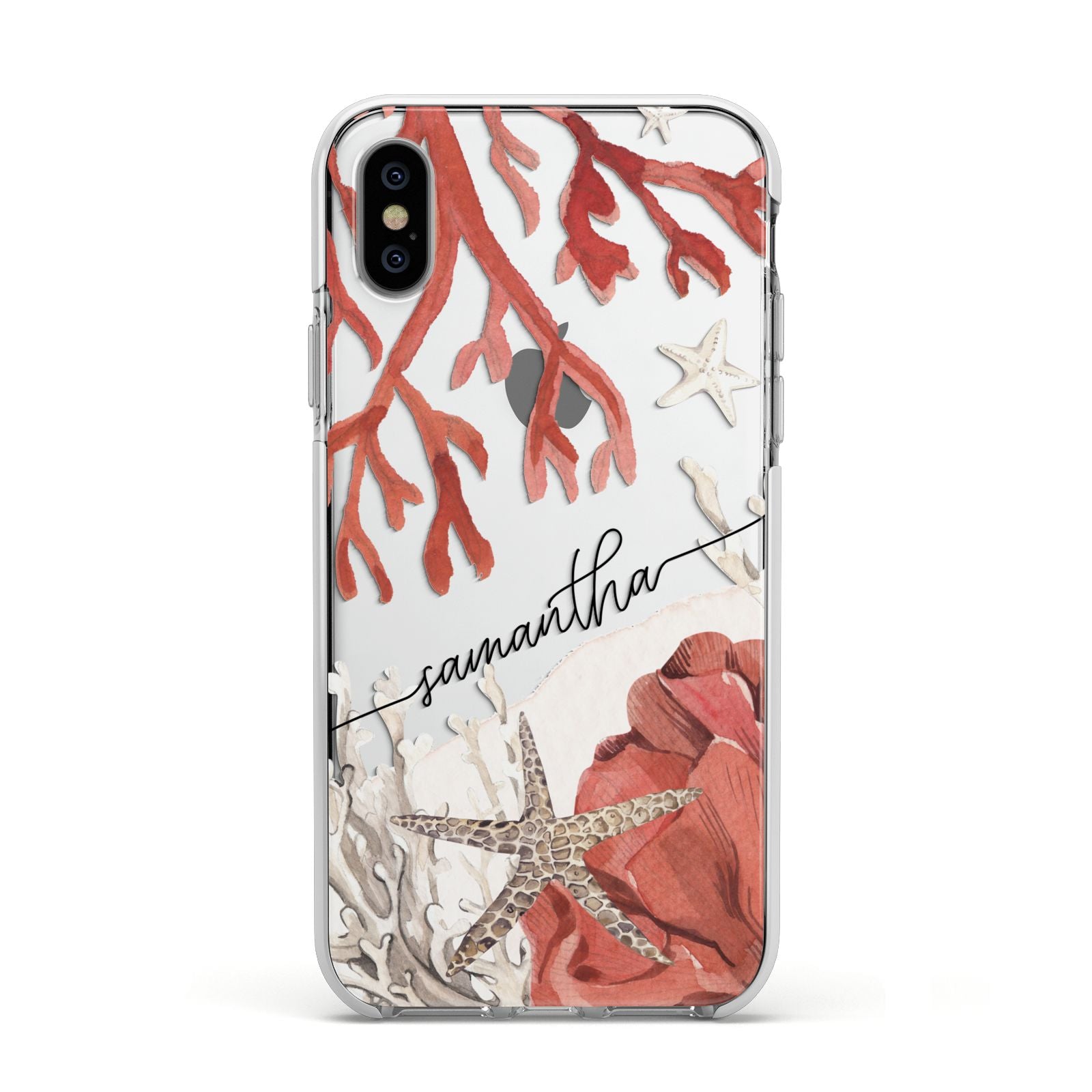 Personalised Coral Reef Name Apple iPhone Xs Impact Case White Edge on Silver Phone
