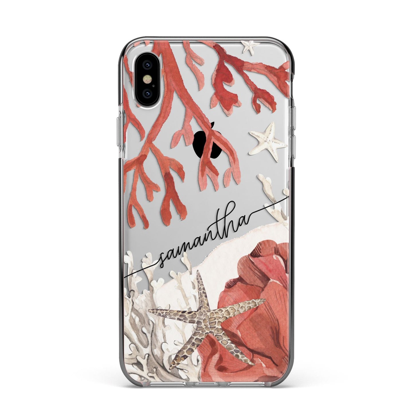 Personalised Coral Reef Name Apple iPhone Xs Max Impact Case Black Edge on Silver Phone