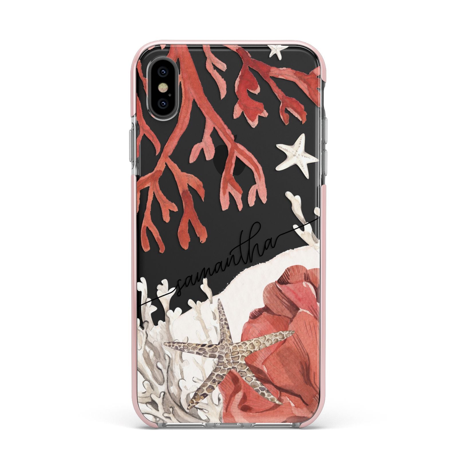 Personalised Coral Reef Name Apple iPhone Xs Max Impact Case Pink Edge on Black Phone