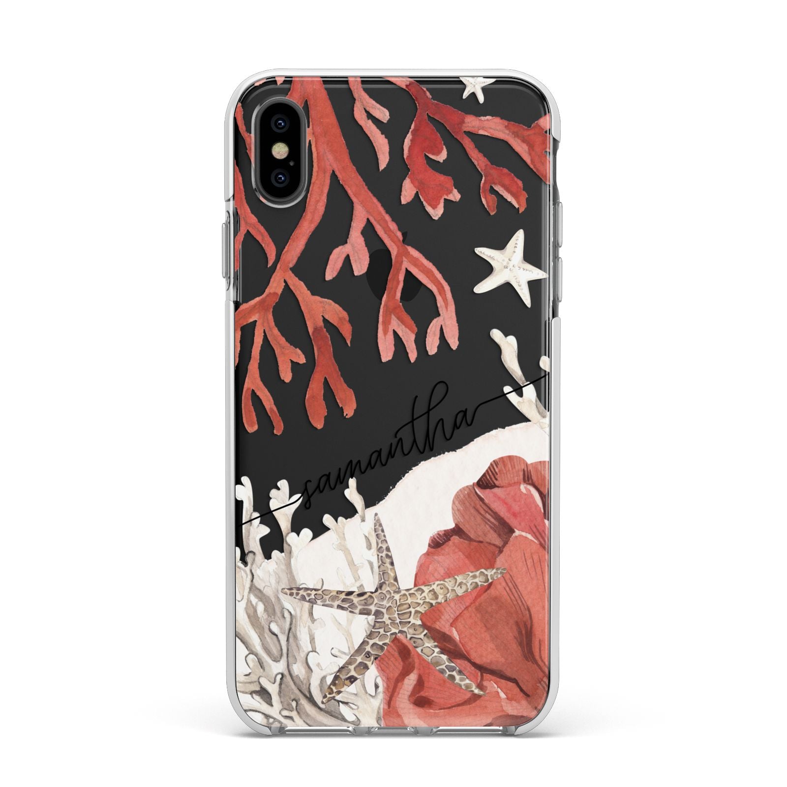 Personalised Coral Reef Name Apple iPhone Xs Max Impact Case White Edge on Black Phone