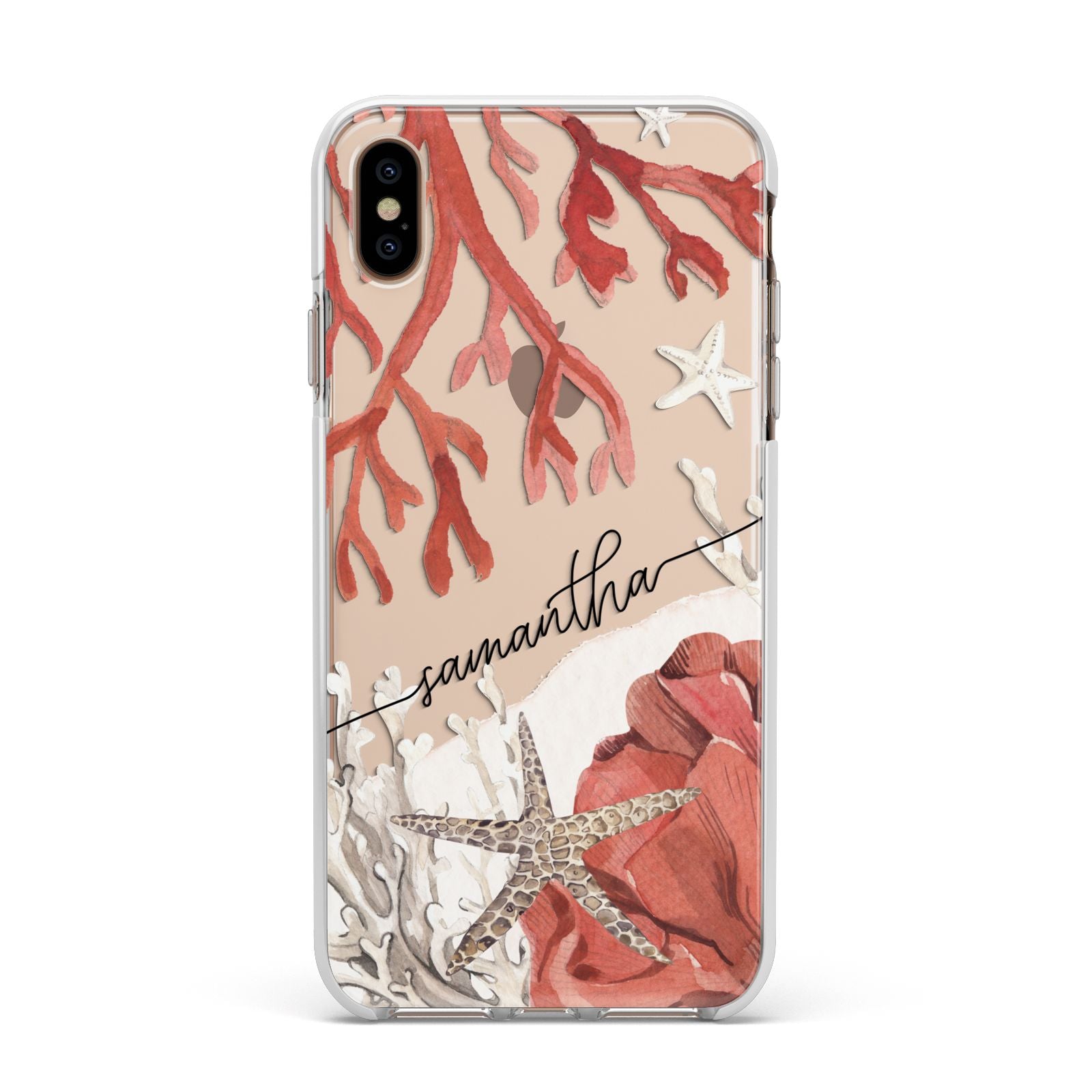 Personalised Coral Reef Name Apple iPhone Xs Max Impact Case White Edge on Gold Phone