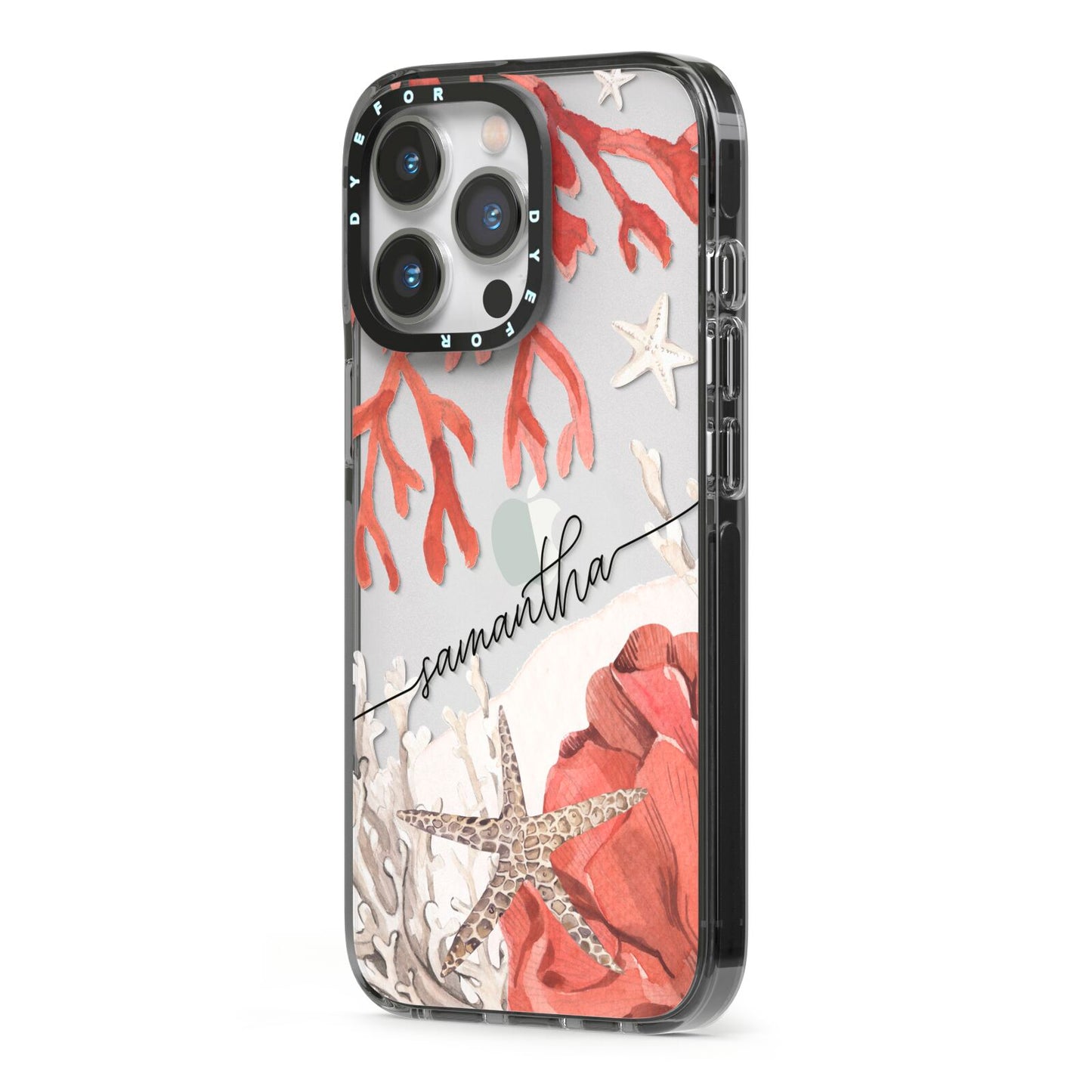 Personalised Coral Reef Name iPhone 13 Pro Black Impact Case Side Angle on Silver phone