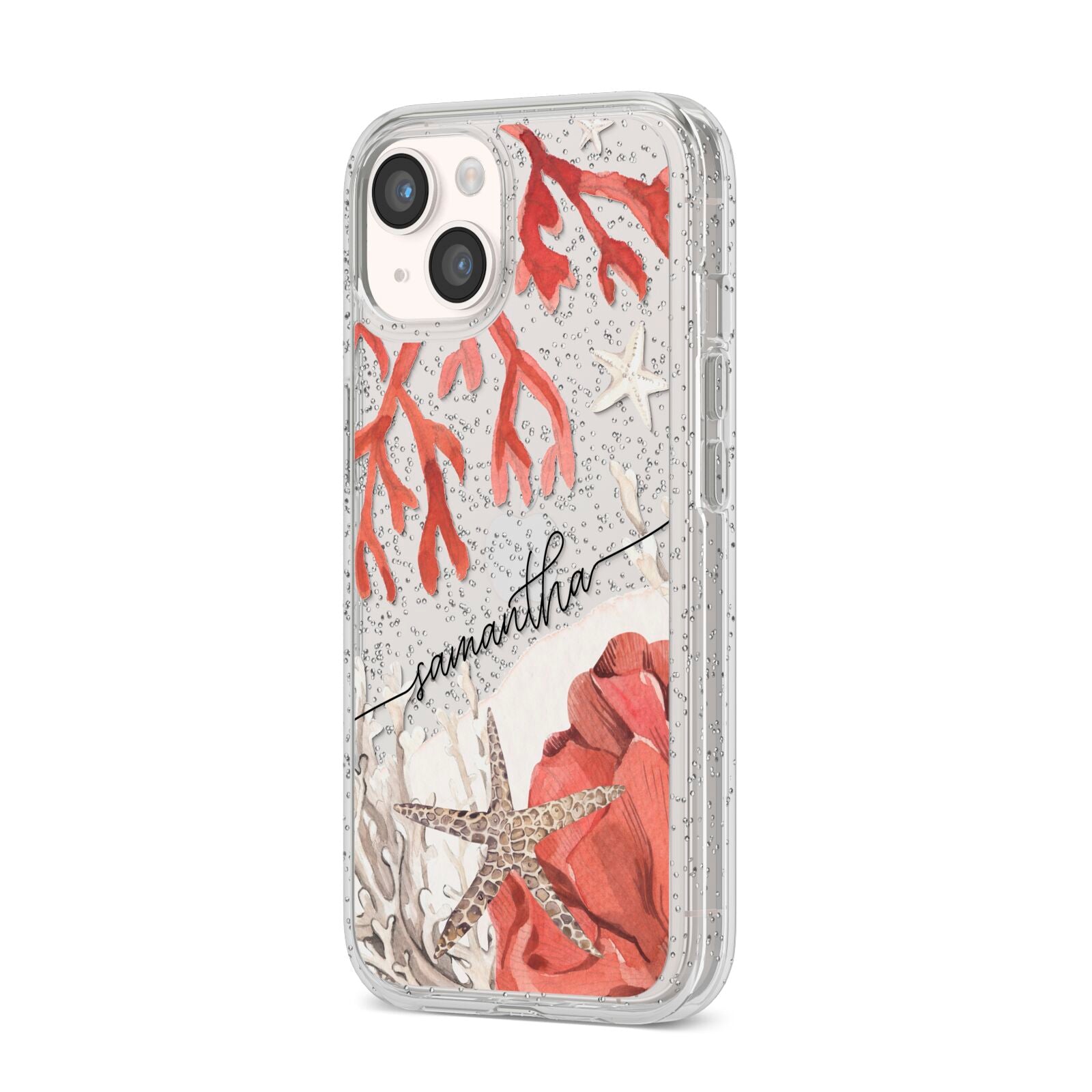 Personalised Coral Reef Name iPhone 14 Glitter Tough Case Starlight Angled Image