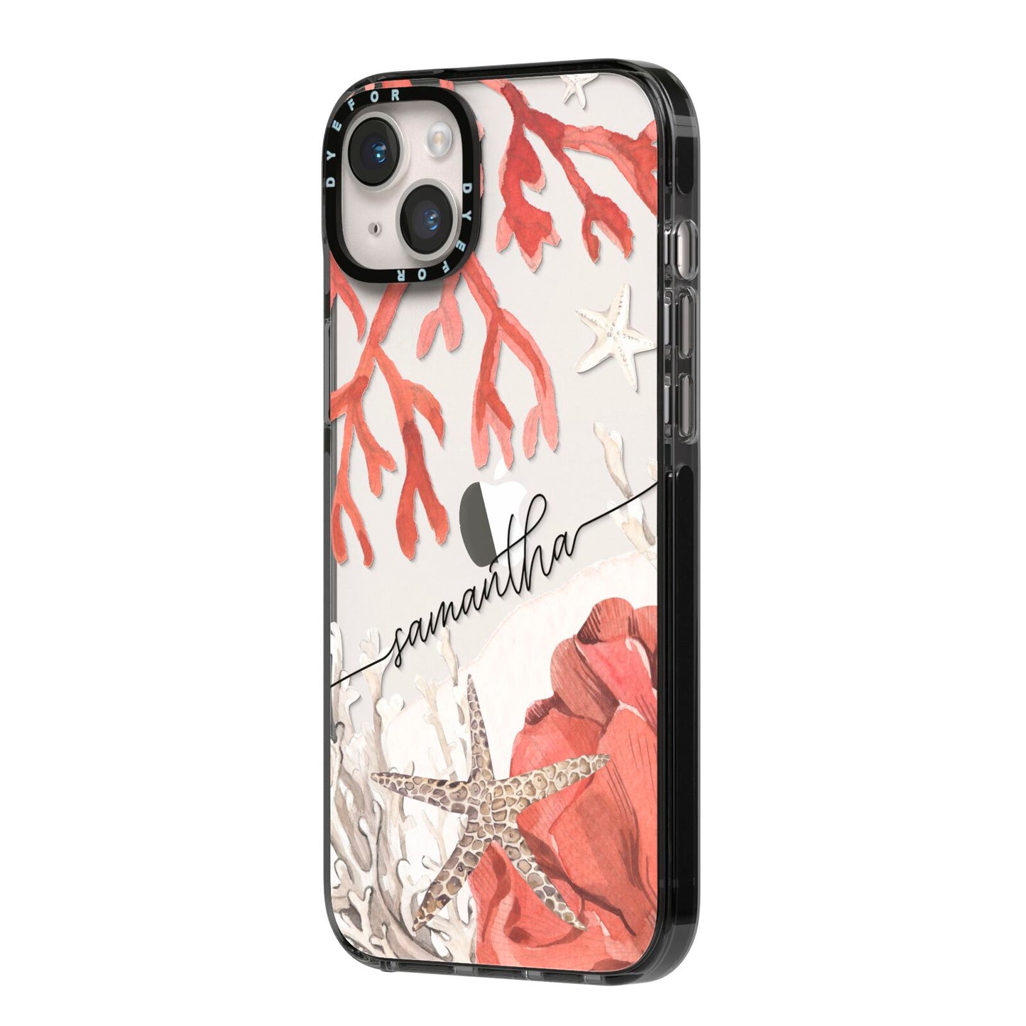 Personalised Coral Reef Name iPhone 14 Plus Black Impact Case Side Angle on Silver phone