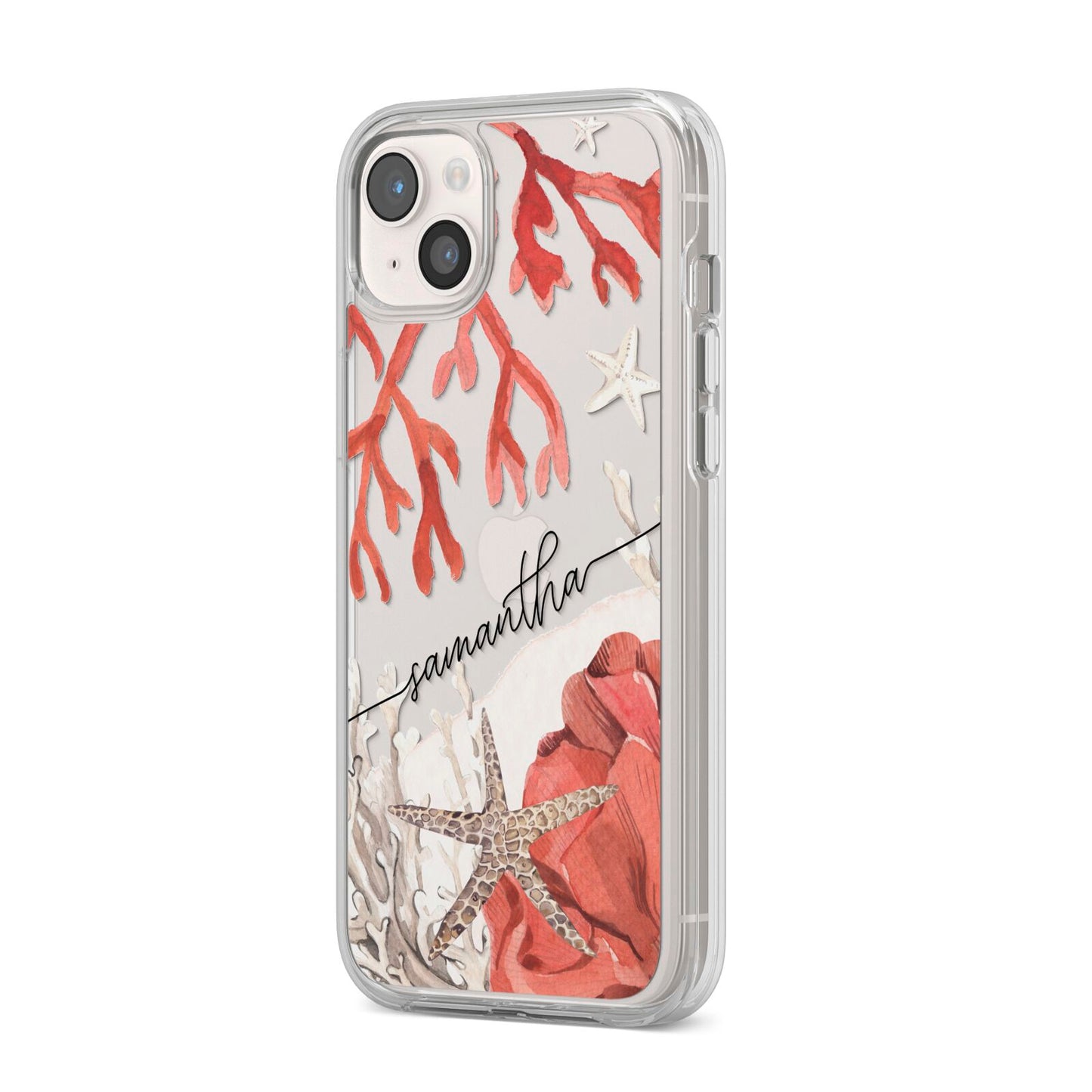 Personalised Coral Reef Name iPhone 14 Plus Clear Tough Case Starlight Angled Image