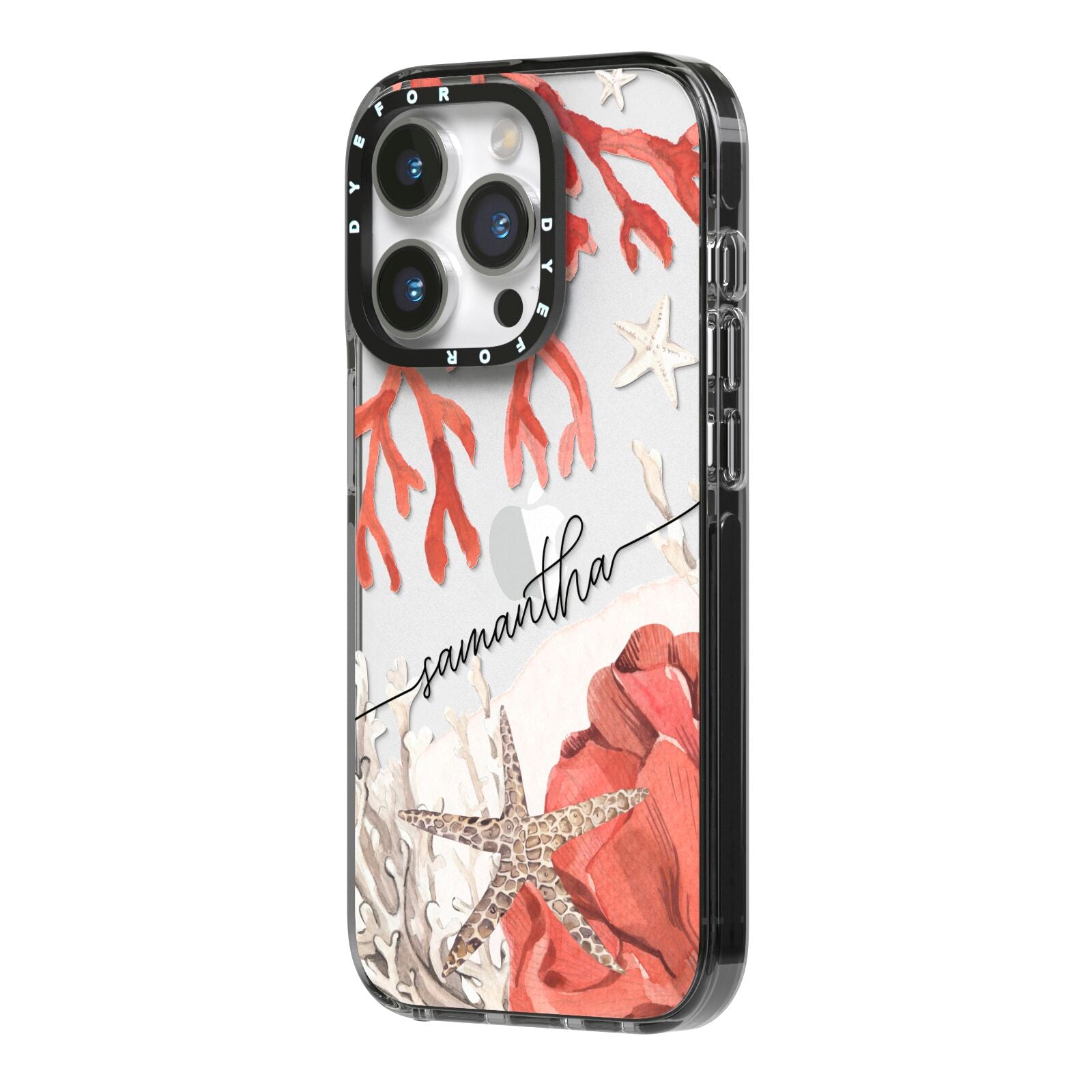 Personalised Coral Reef Name iPhone 14 Pro Black Impact Case Side Angle on Silver phone