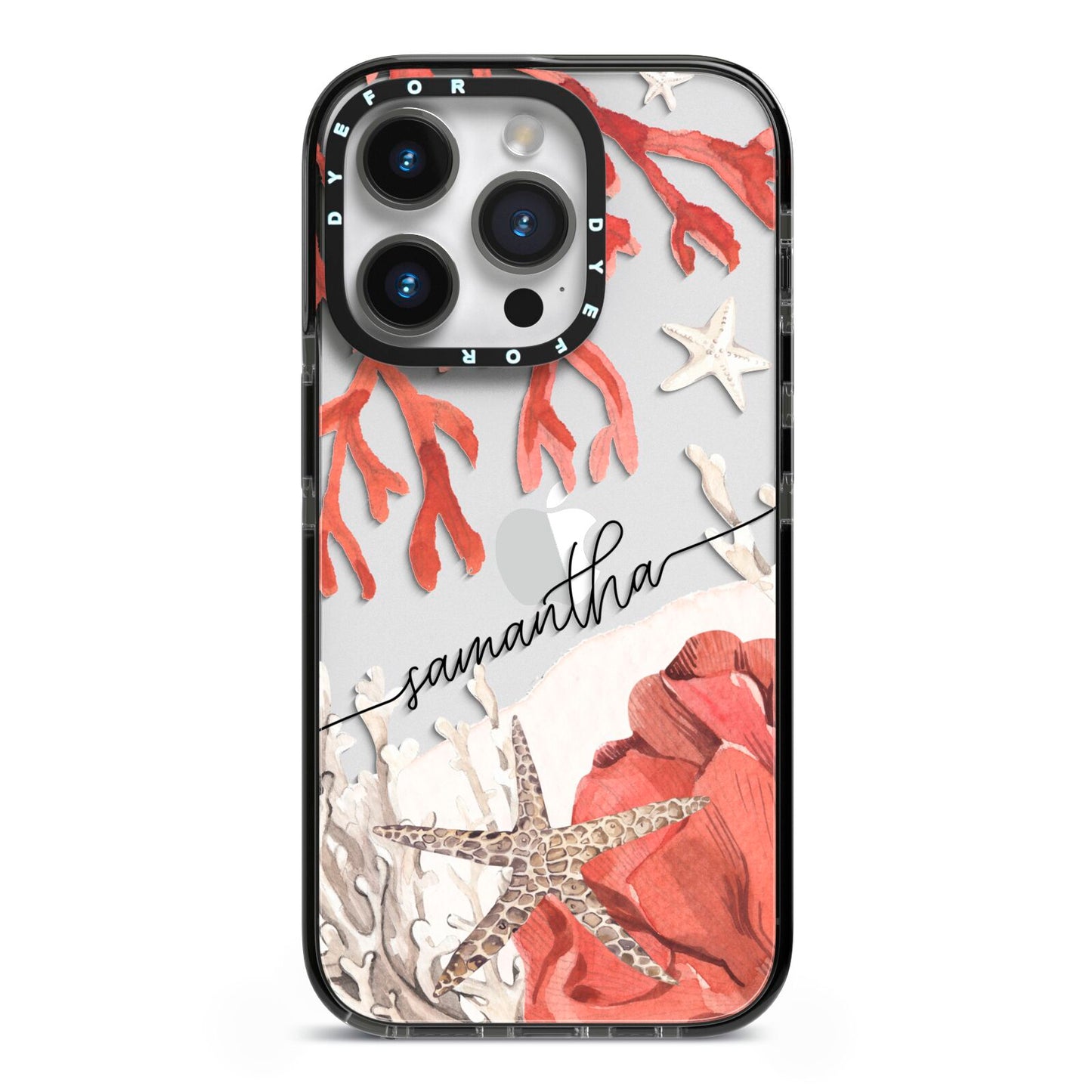Personalised Coral Reef Name iPhone 14 Pro Black Impact Case on Silver phone