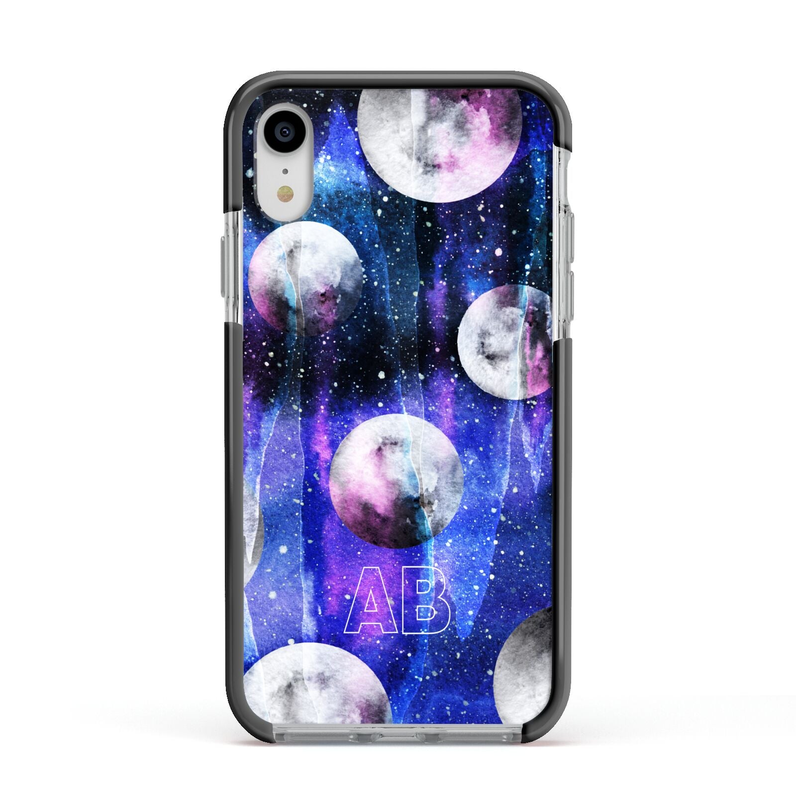 Personalised Cosmic Apple iPhone XR Impact Case Black Edge on Silver Phone