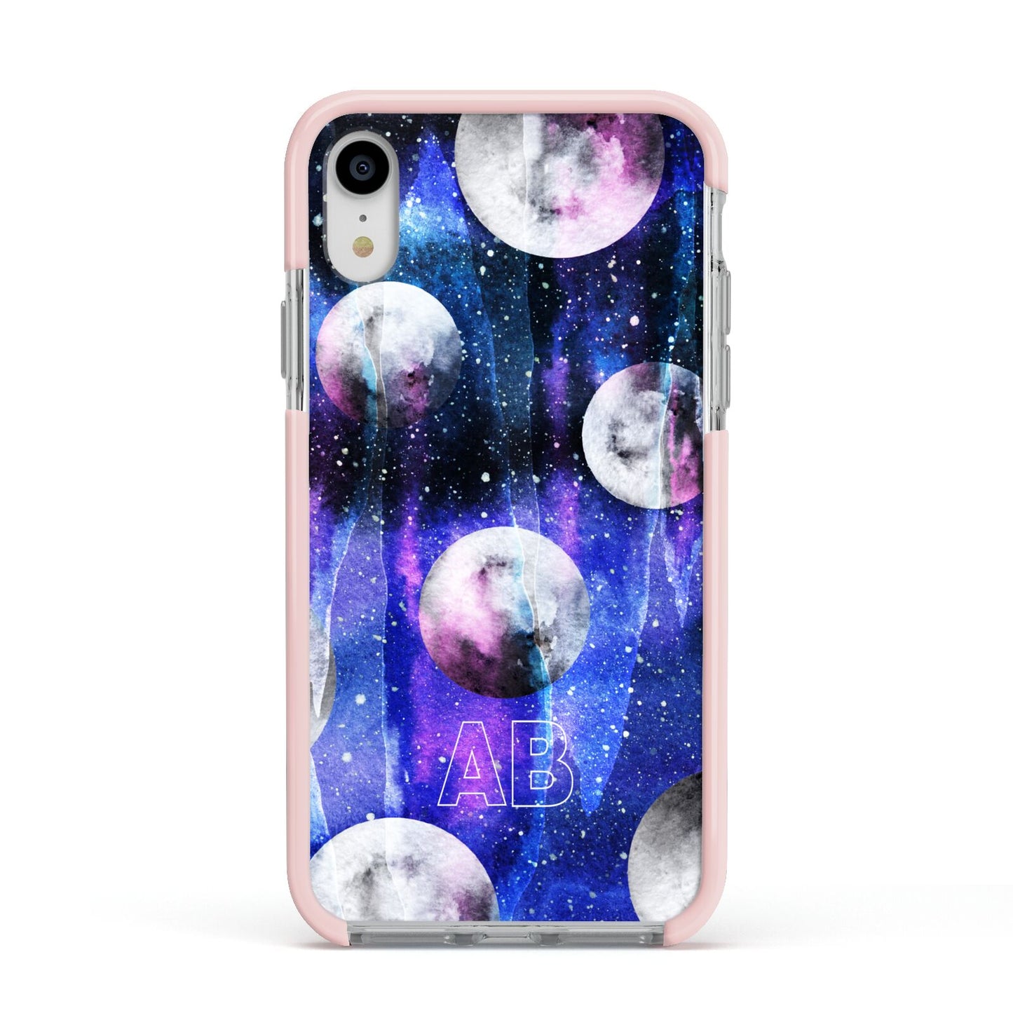 Personalised Cosmic Apple iPhone XR Impact Case Pink Edge on Silver Phone