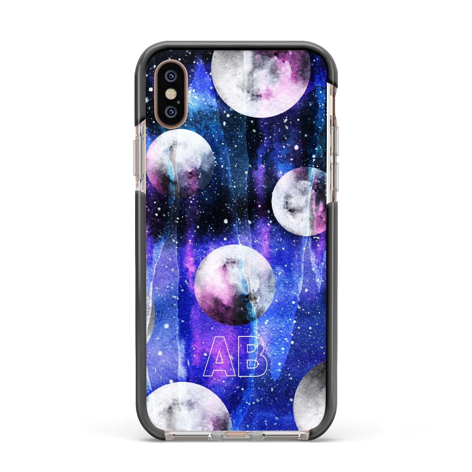 Personalised Cosmic Apple iPhone Xs Impact Case Black Edge on Gold Phone