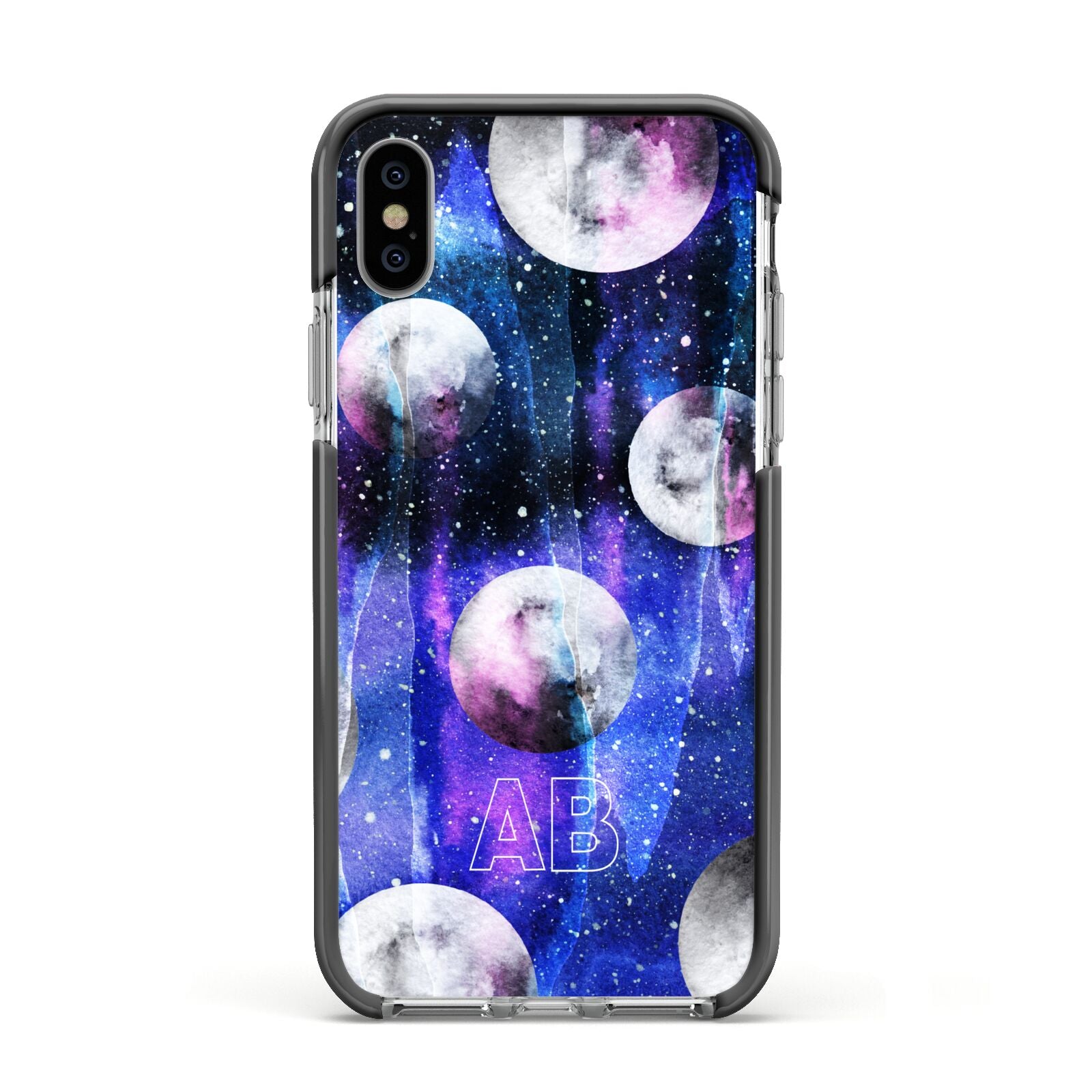 Personalised Cosmic Apple iPhone Xs Impact Case Black Edge on Silver Phone
