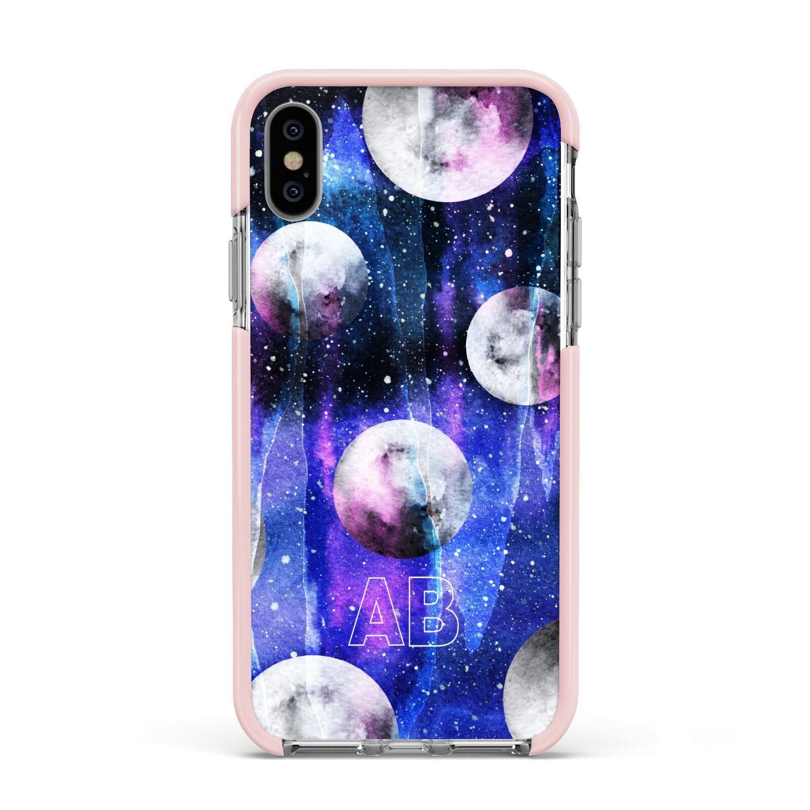 Personalised Cosmic Apple iPhone Xs Impact Case Pink Edge on Silver Phone