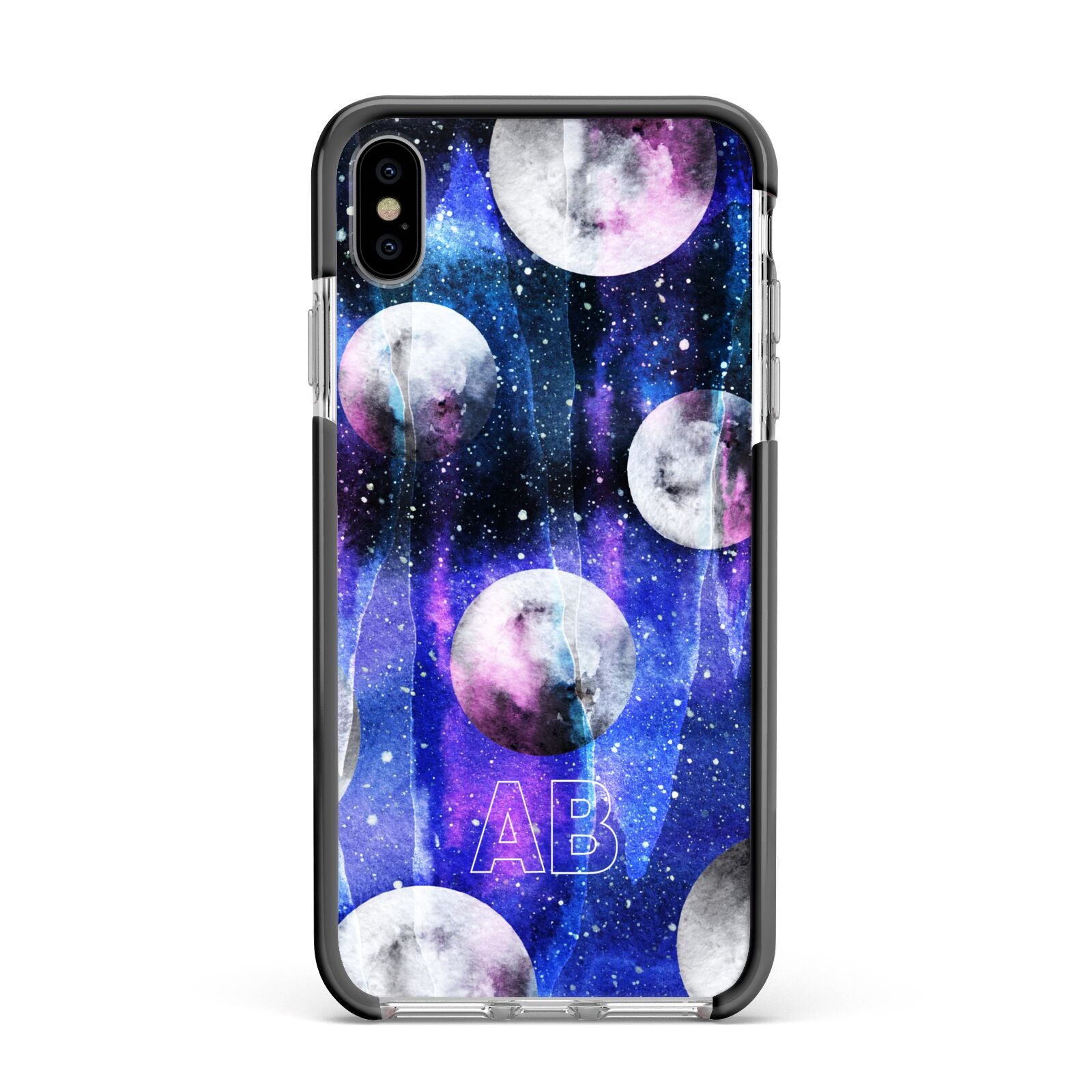 Personalised Cosmic Apple iPhone Xs Max Impact Case Black Edge on Silver Phone