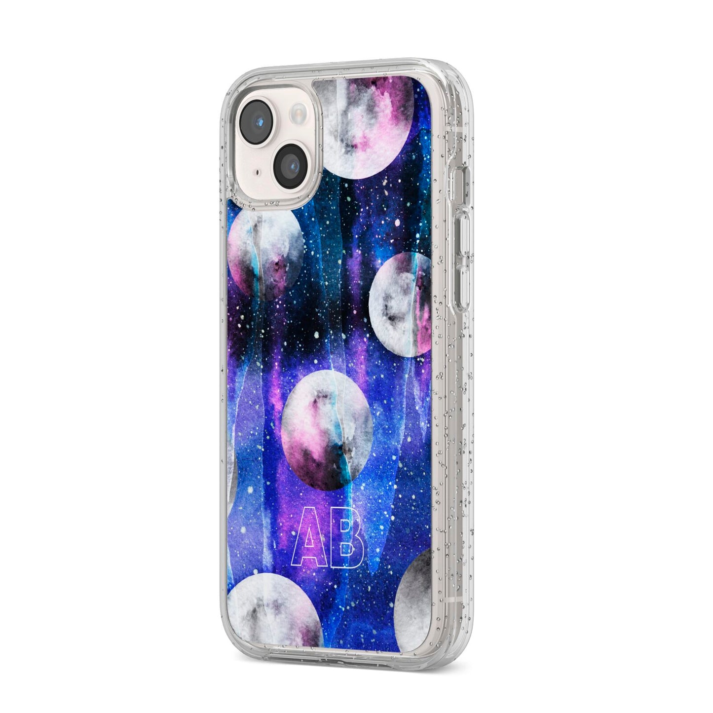 Personalised Cosmic iPhone 14 Plus Glitter Tough Case Starlight Angled Image
