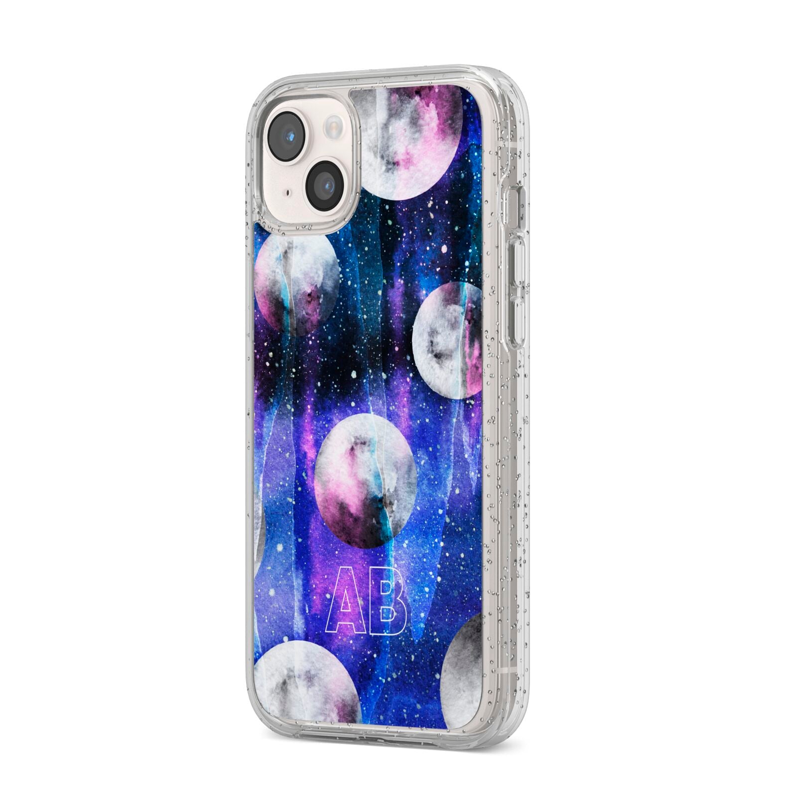 Personalised Cosmic iPhone 14 Plus Glitter Tough Case Starlight Angled Image