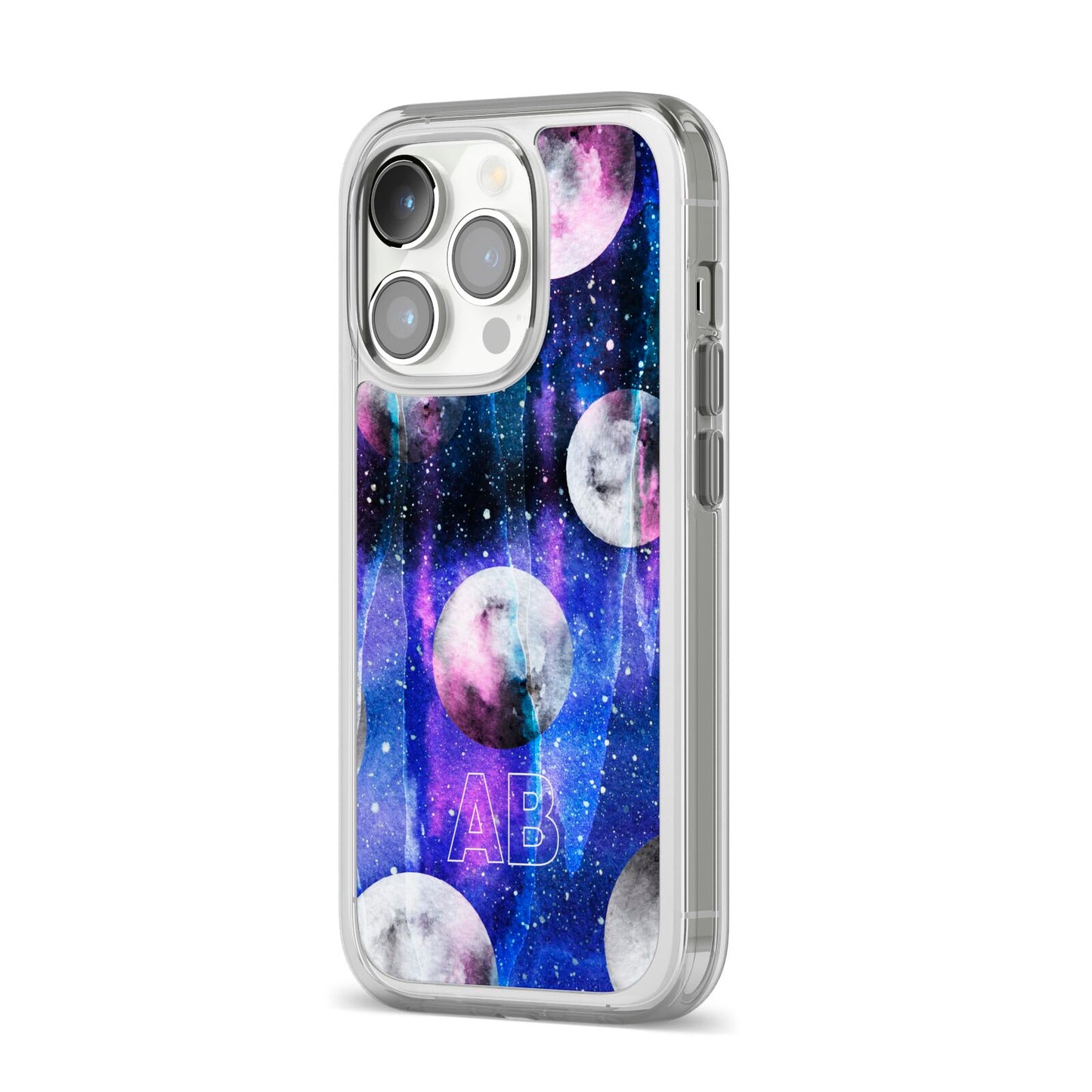Personalised Cosmic iPhone 14 Pro Clear Tough Case Silver Angled Image