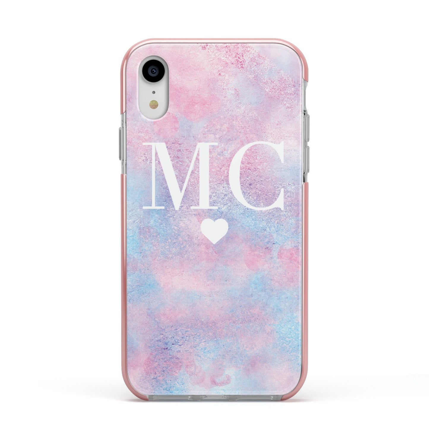 Personalised Cotton Candy Marble Initials Apple iPhone XR Impact Case Pink Edge on Silver Phone