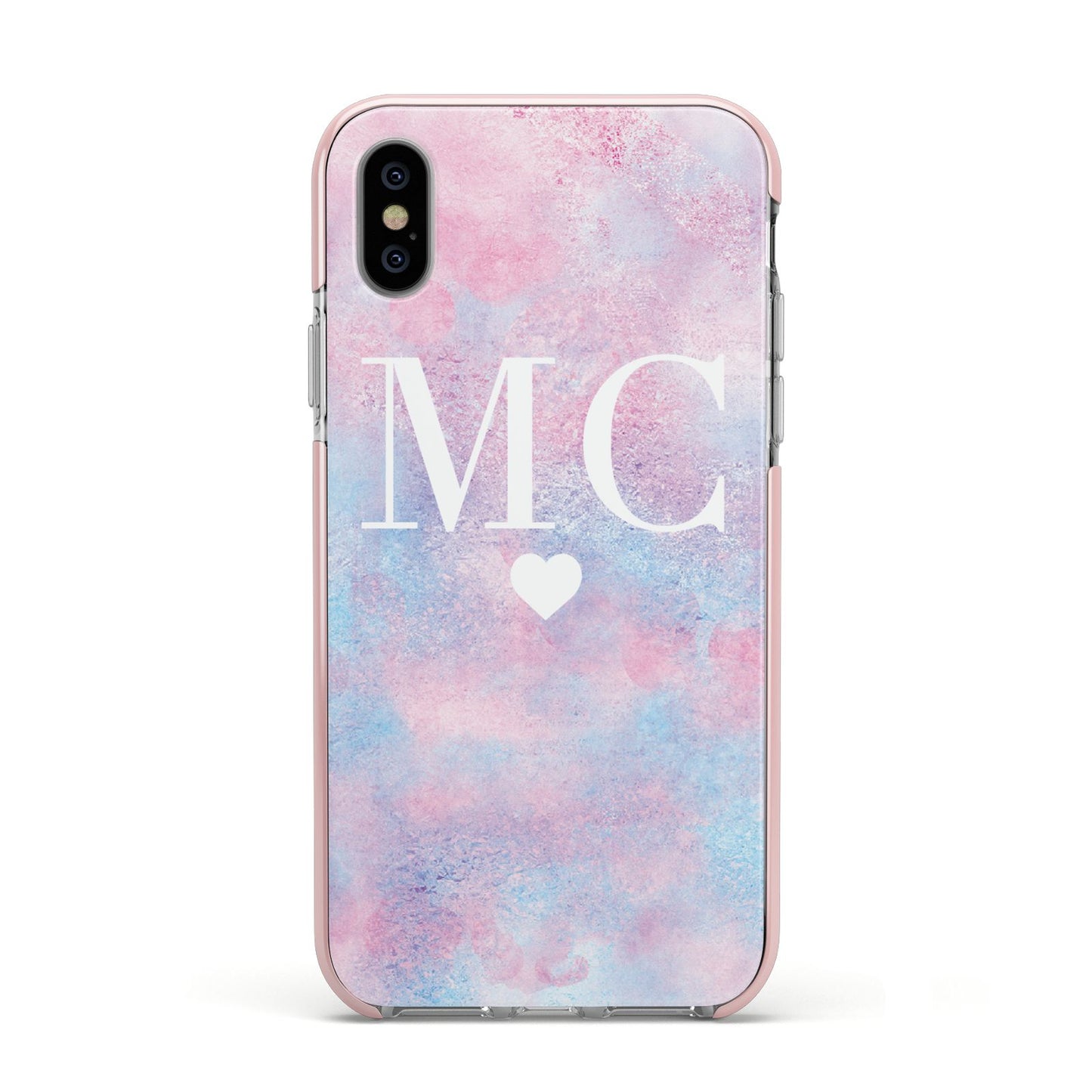 Personalised Cotton Candy Marble Initials Apple iPhone Xs Impact Case Pink Edge on Silver Phone
