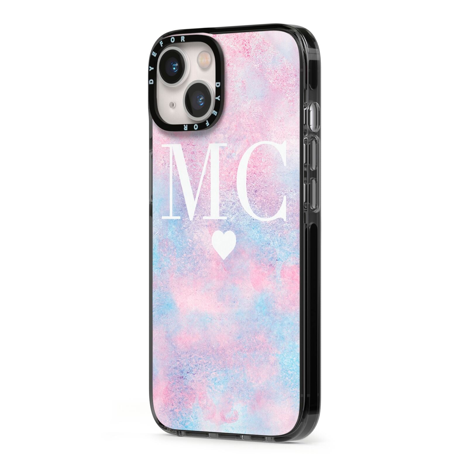 Personalised Cotton Candy Marble Initials iPhone 13 Black Impact Case Side Angle on Silver phone