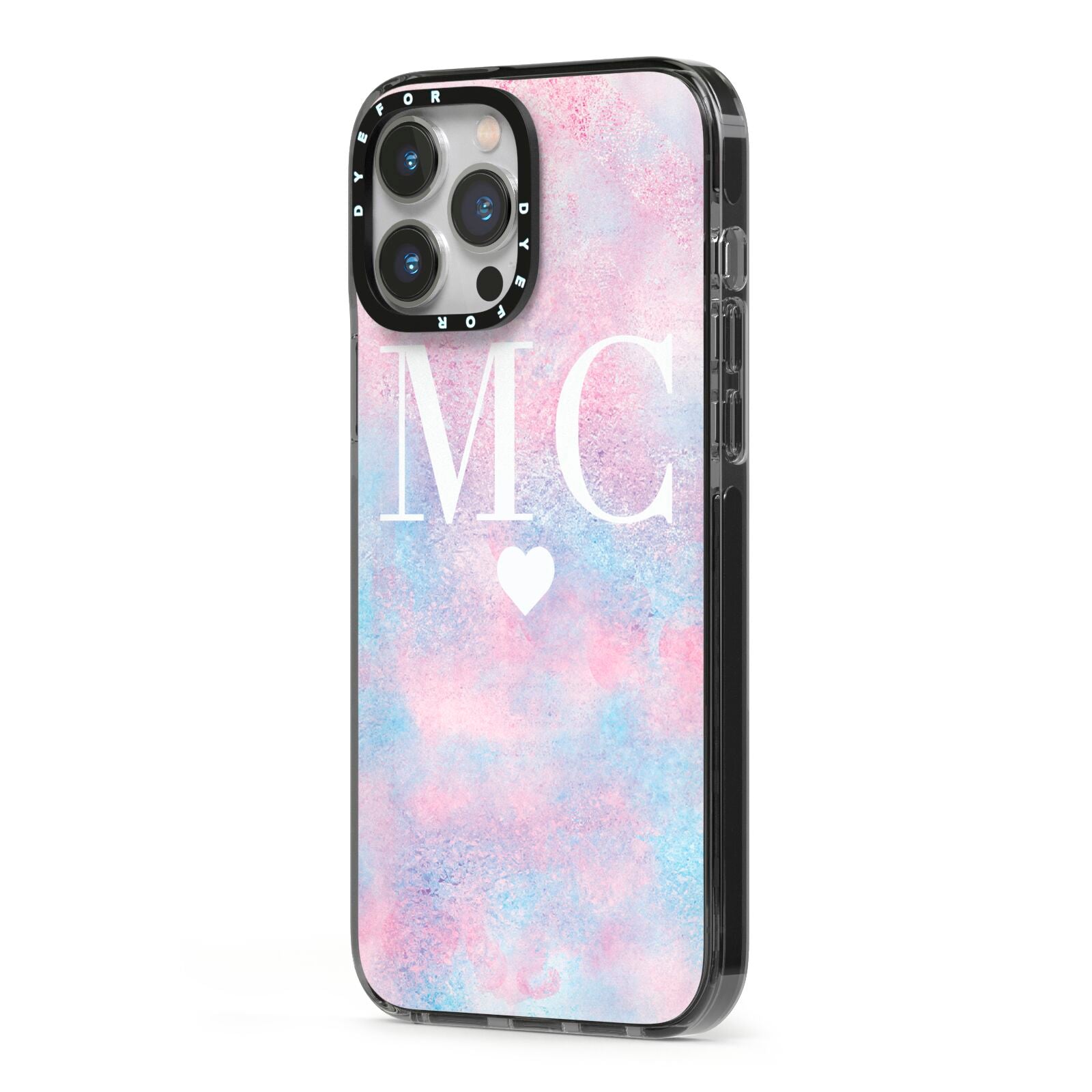 Personalised Cotton Candy Marble Initials iPhone 13 Pro Max Black Impact Case Side Angle on Silver phone