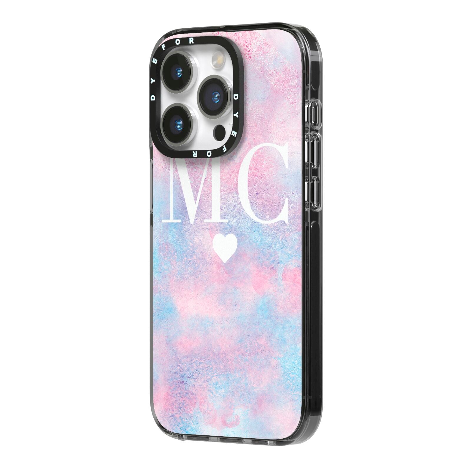 Personalised Cotton Candy Marble Initials iPhone 14 Pro Black Impact Case Side Angle on Silver phone