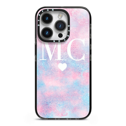 Personalised Cotton Candy Marble Initials iPhone 14 Pro Black Impact Case on Silver phone