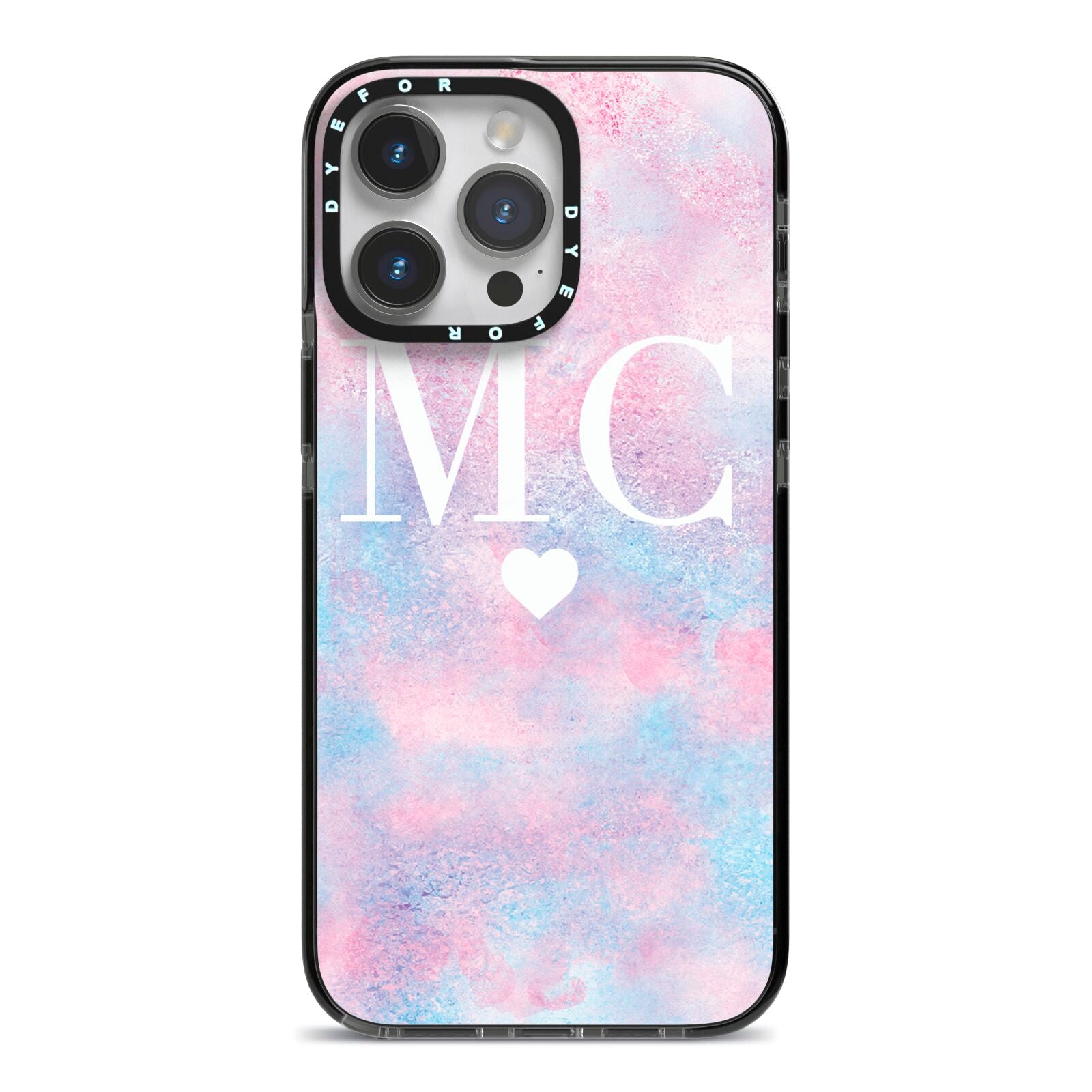 Personalised Cotton Candy Marble Initials iPhone 14 Pro Max Black Impact Case on Silver phone