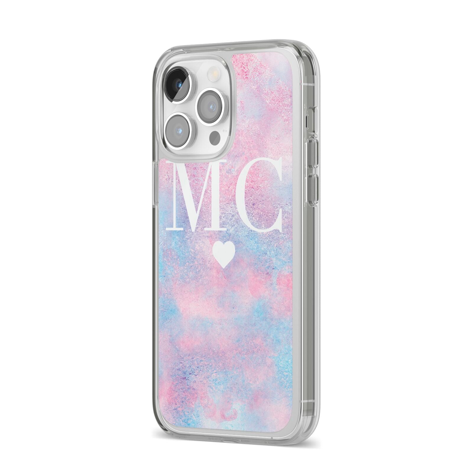 Personalised Cotton Candy Marble Initials iPhone 14 Pro Max Clear Tough Case Silver Angled Image